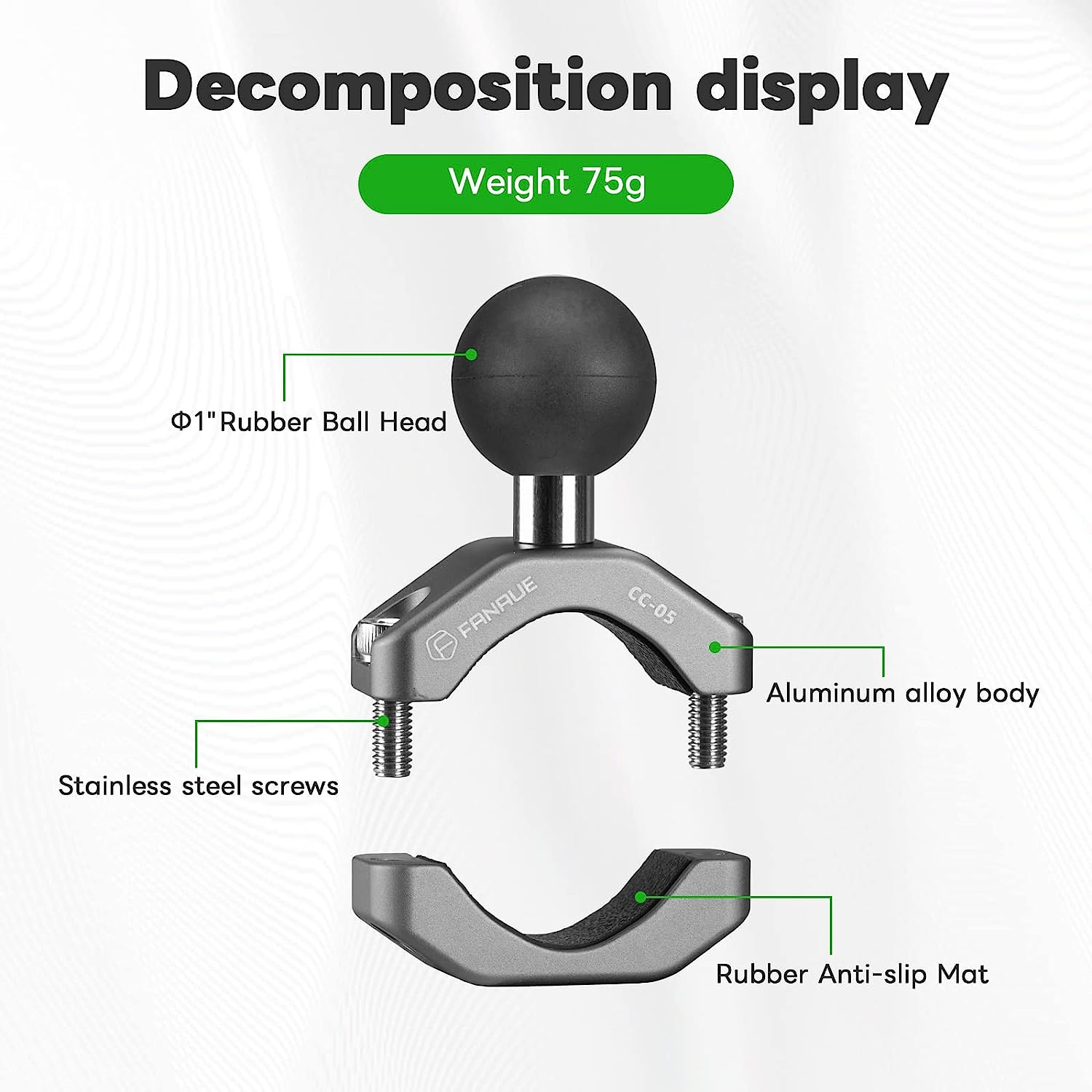 FANAUE CC-05 Aluminum Handlebar Clamp Mount U-Bolt Base Compatible with RAM Mounts B Size 1 Inch Ball Double Socket Arm & Bike Motorcycle Phone Holder for 0.85" to 1.14" Diameter Rail image number 1