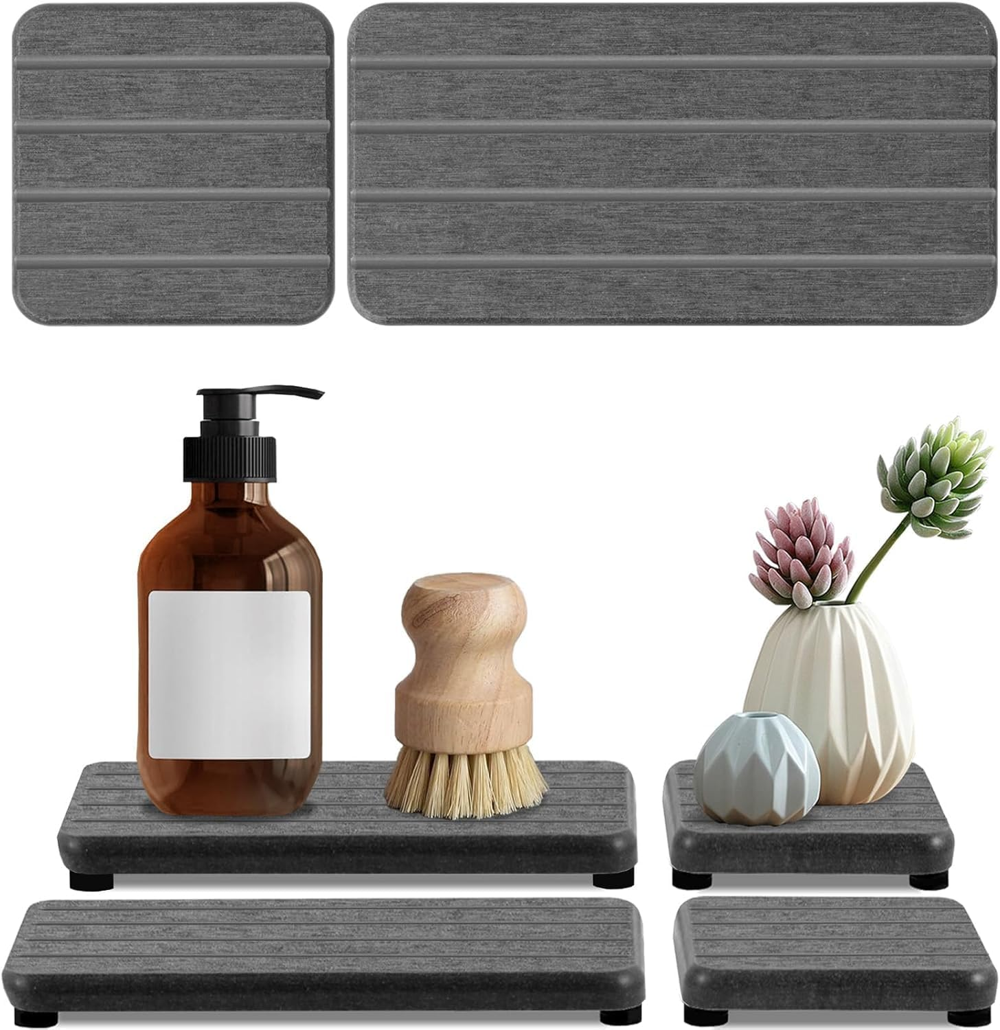 Set of 4 Water Absorbent Diatomite Coasters, Diatomaceous Earth Kitchen Soap Dish, Water Absorbing Stone Used for Hand Soaps & Plants & Toiletries in the Modern Home (White with Grooves)