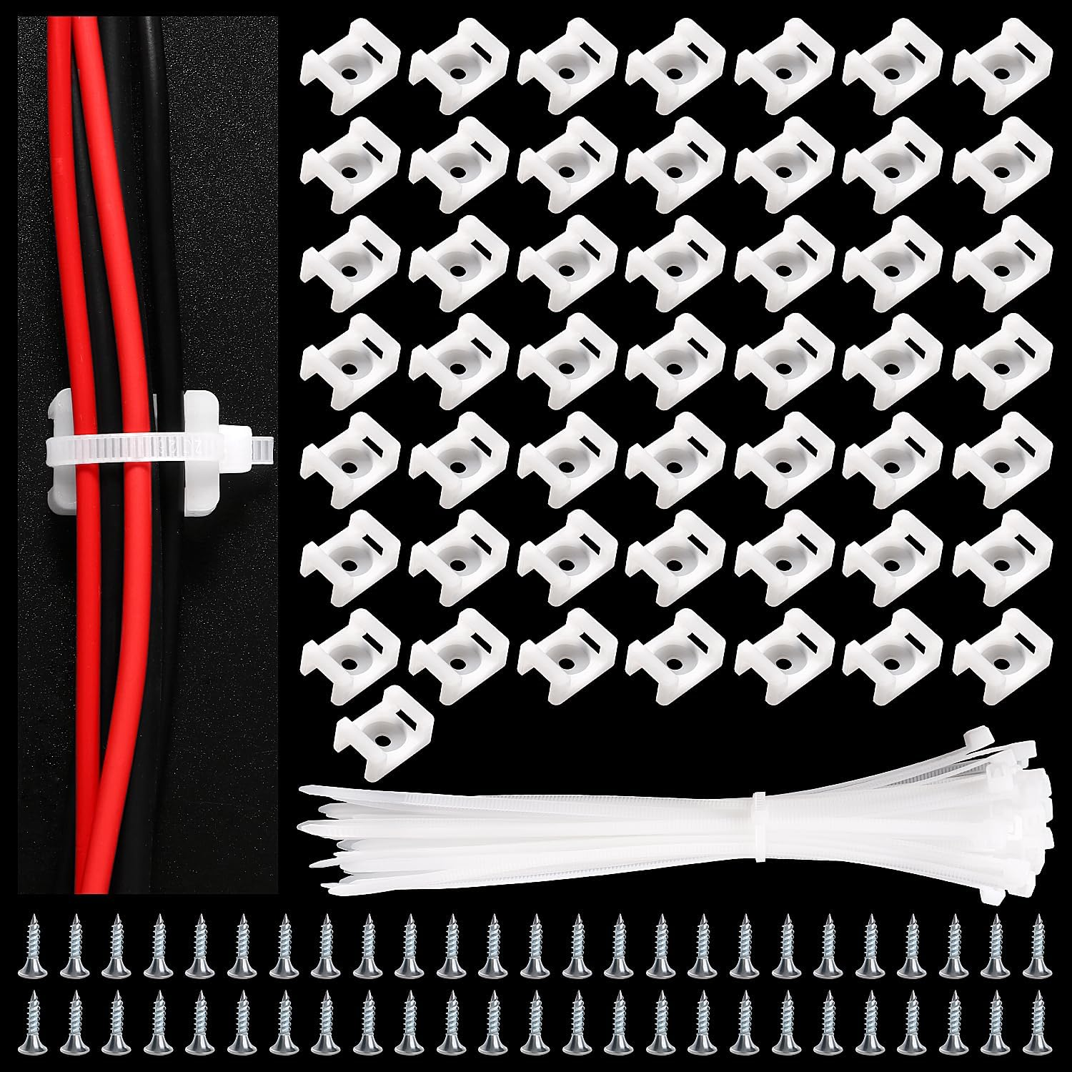 Voogenzek 90 Sets 19.6 * 9.7 Mm Saddle Type Cable Tie Mount Bases, Saddle Type Mount Wire Holder, with M3.5 Screws and Cable Ties, for Wire and Cable Tidy, White