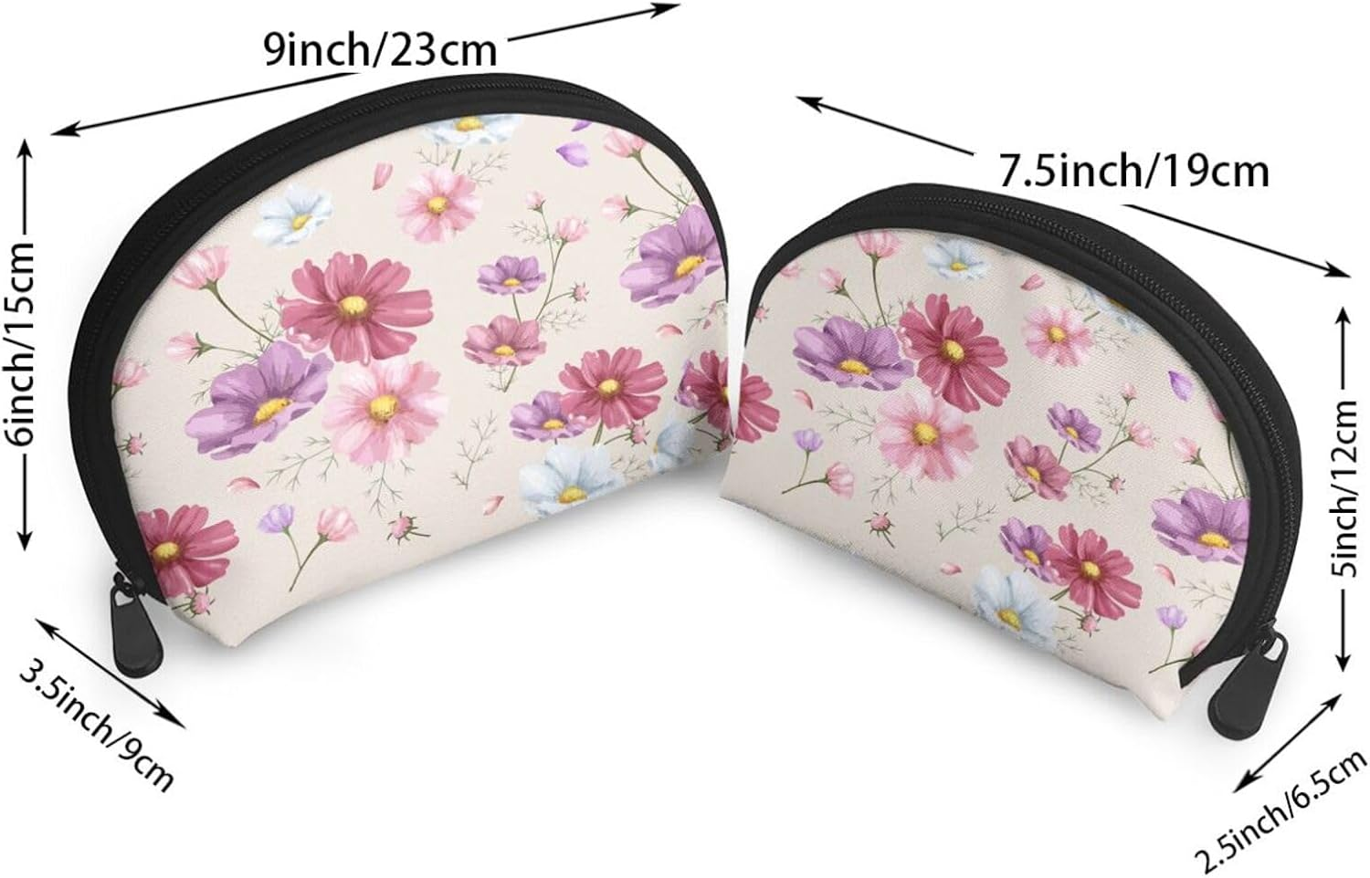 Cozimangoe Coin Pouch Makeup Bags Set, 2 Piece Shell Shape Cosmetic Bag with Pockets for Daily Travel Handbag Lipstick Keys Toiletry, Personalized Hand Drawn Cosmos Flower Pattern image number 3