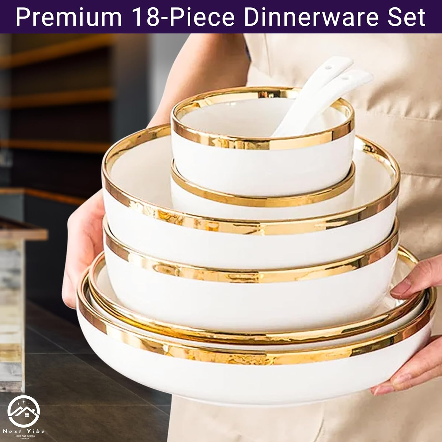 Next Vibe - Home Porcelain Chip and Scratch Resistant Dinnerware Set, Service for 4 Pepole (18Pcs) with Brown Box, Plates and Bowls Dishes Sets White image number 2
