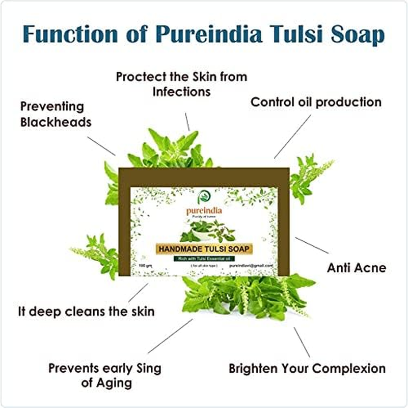 PUREINDIA Handmade TULSI anti Ageing Soap, Pack of 3(100Gm) for Brighten Complexion, Oil Control, Acne and Blackheads.