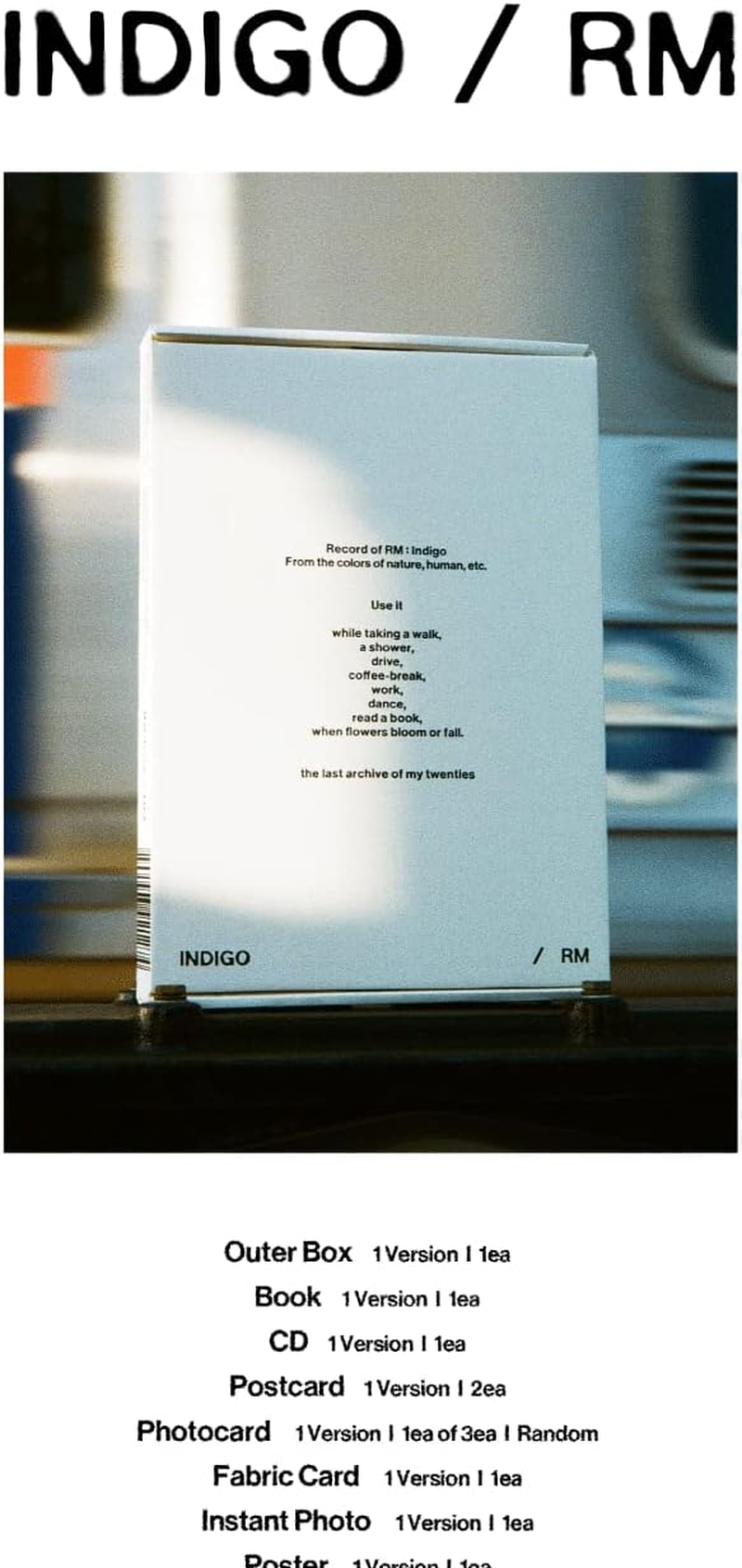 BTS RM Indigo 1St Solo Album 2 Edition SET Out Box+32P Lyrics Book+30P Postcard+1P Photocard+1P Instant Photo+1P User Guide+1P QR Guide+Tracking Sealed image number 4