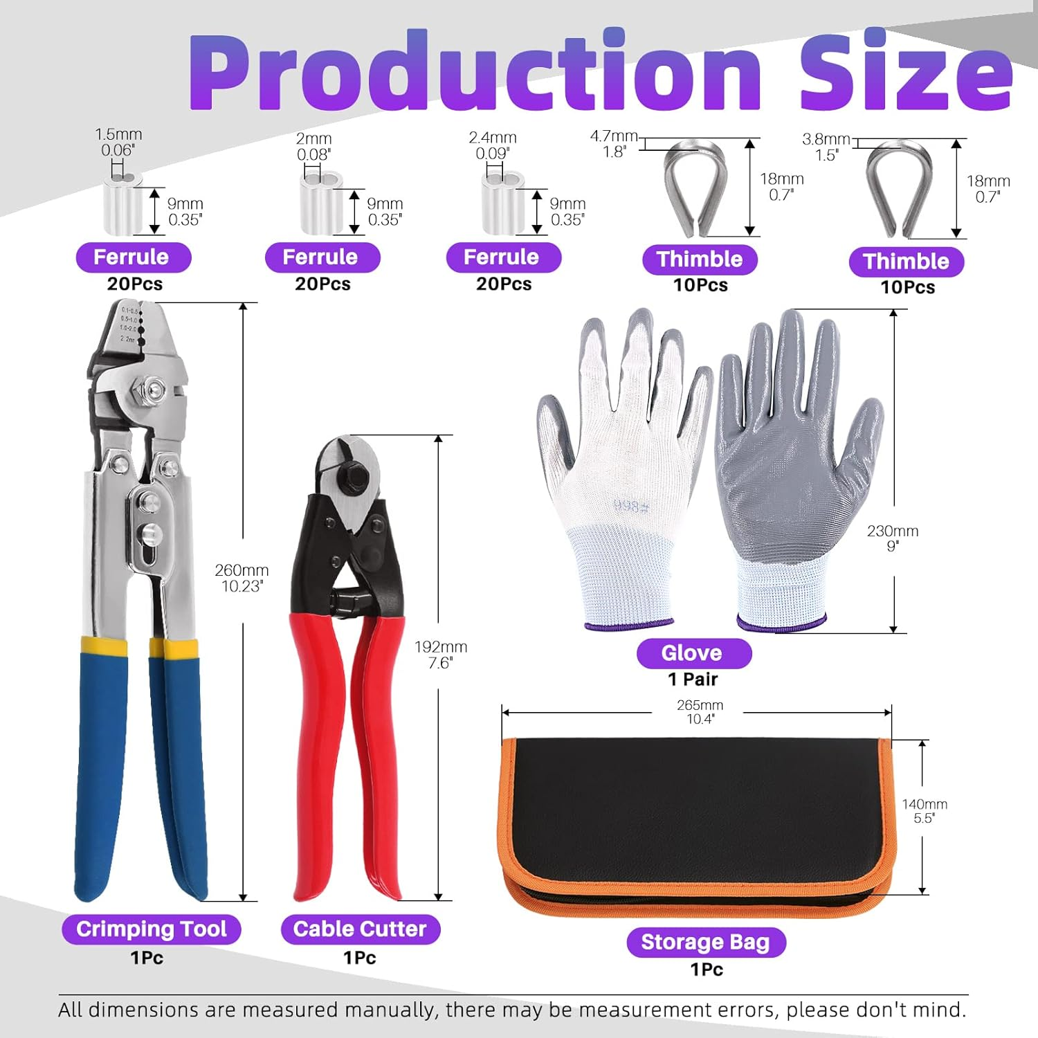 Swpeet 83Pcs Wire Rope Crimping Tool Set, Cable Crimps up to 2.2Mm and Cable Cutter up to 5/32", 3 Size Aluminum Double Crimping Loop Sleeve, 2 Size Stainless Steel Thimble and Cut Resistant Gloves image number 1