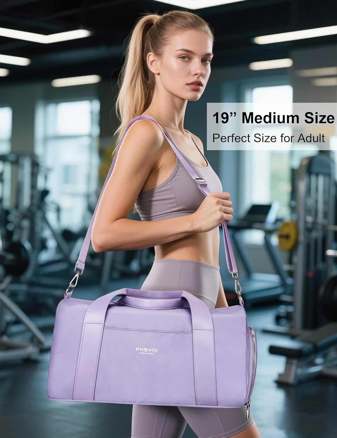 Gym Bag for Women,Pu Leather Handle,Dry Wet Separated with Shoe Compartment & Wet Pocket,Waterproof Duffle Bag for Travel Sports Fitness Workout Athletic (Purple, 19" Medium Size) image number 1
