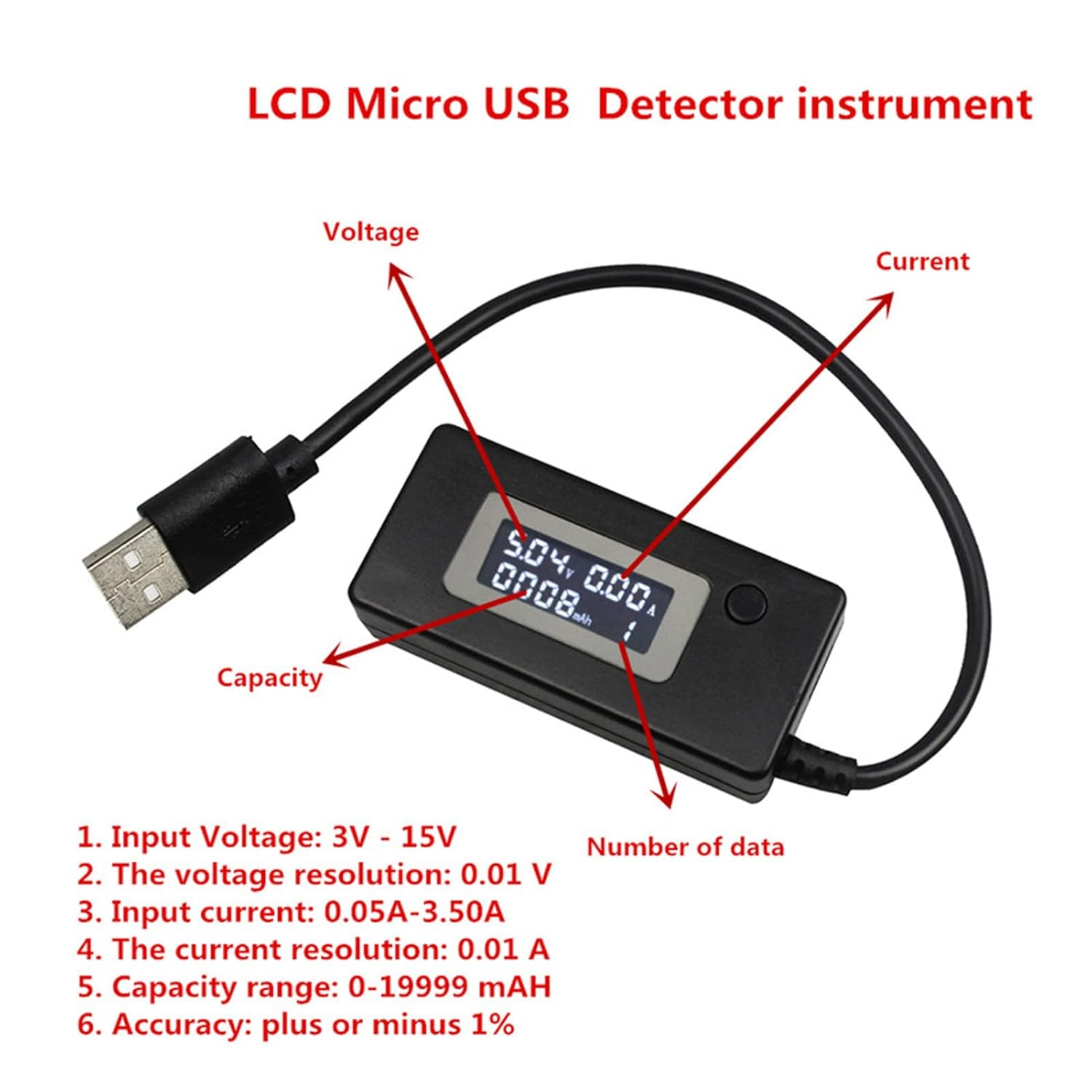 USB C Power Meter Test, 50Ma‑3500Ma Digital Multimeter Voltage Current Tester with LCD Display, USB Cable Charger Detector image number 1