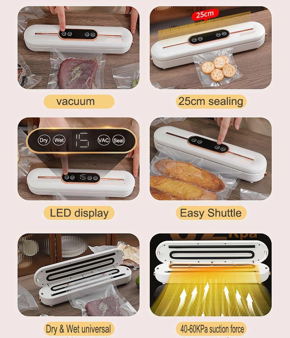 Vacuum Sealer,Equipped with 10 Vacuum Sealed Bags,Fully Automatic Dry and Wet Dual Use Food Vacuum Sealer Machine,One Click Intelligent Operation,Digital Display,Super Strong Suction Power image number 2