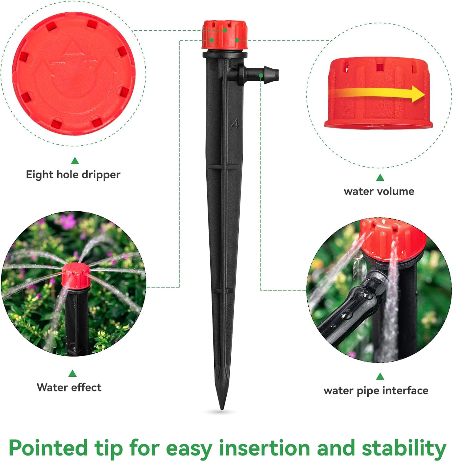 La Farah 50Pcs Drip Emitters for 1/4" Drip Irrigation Tubing, Adjustable 360 Degree Water Flow Drippers on 5" Arrow Stake, Garden Irrigation Drippers for (4-7Mm) Watering System image number 1