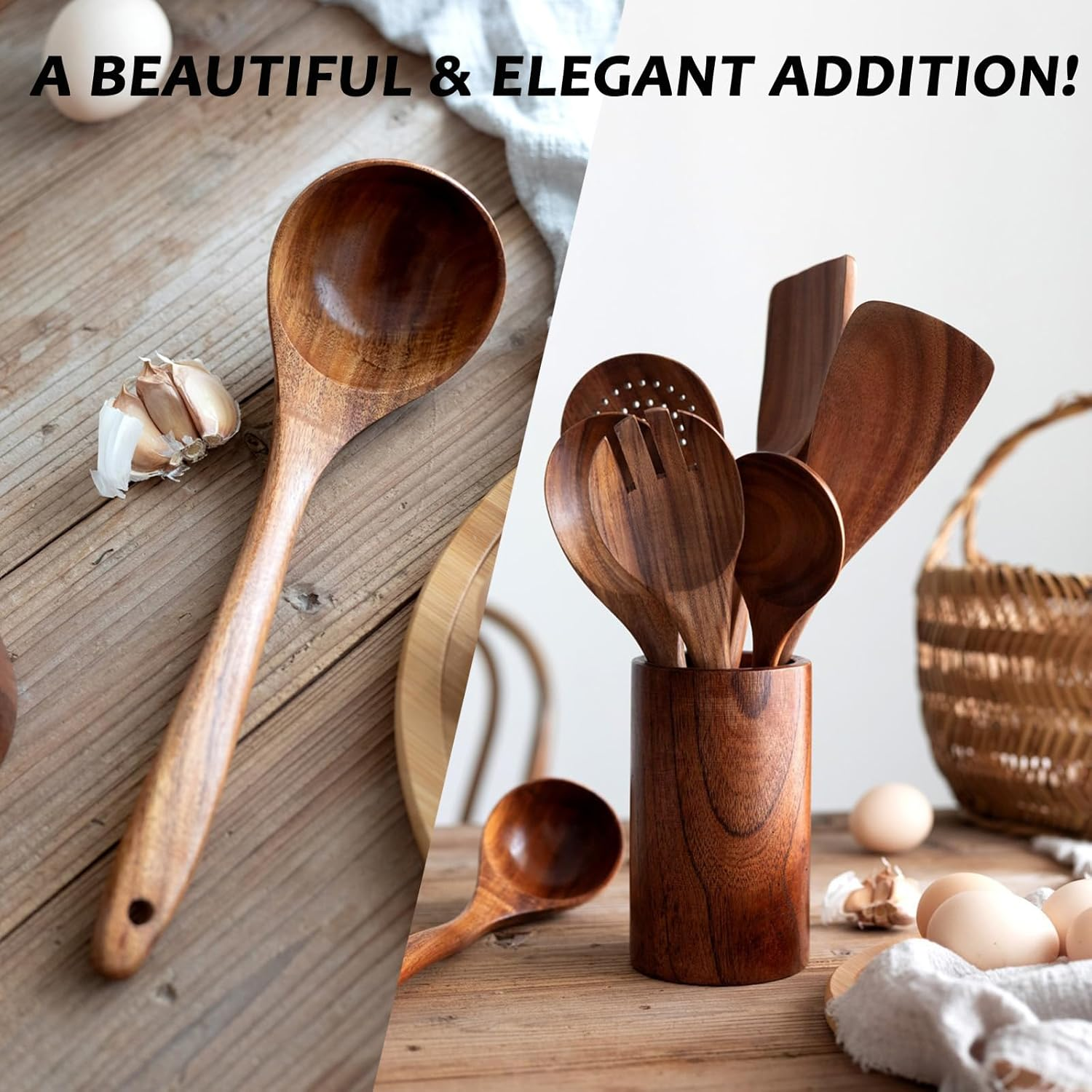 10 Pcs Wooden Cooking Utensils Set, Wooden Spoons for Cooking - Teak Wooden Utensil Set with Holder, Spoon Rest & Hooks - Sturdy, Lightweight and Heat-Resistant image number 3