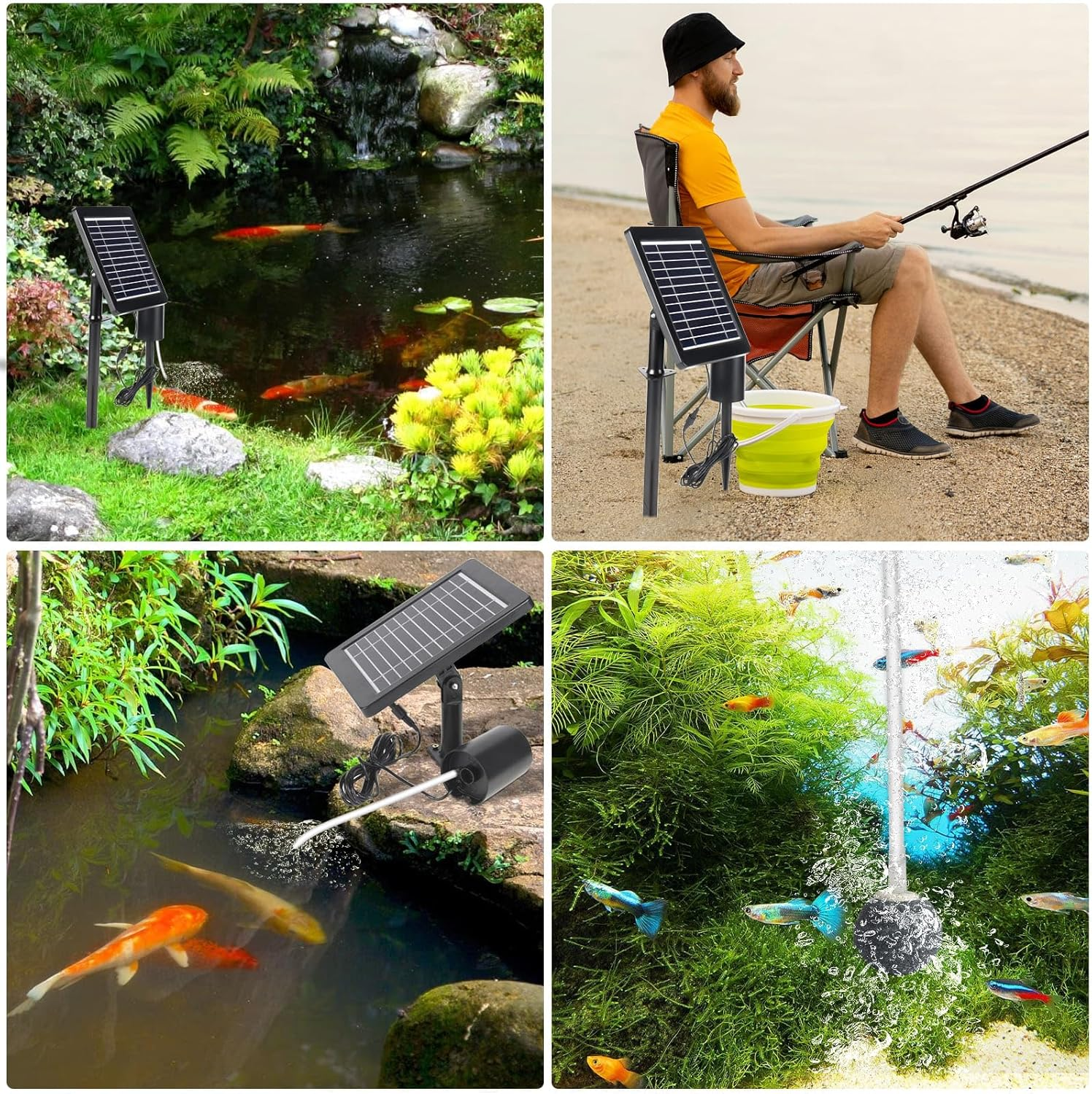 Oxygen Pump for Pond Solar, 4 W Pond Aerator Solar with 2200 Mah Battery, Pond Air Pump with Oxygen Tube and Air Bubble Stone, Air Pump Aquarium Oxygenator for Pond Pool image number 6