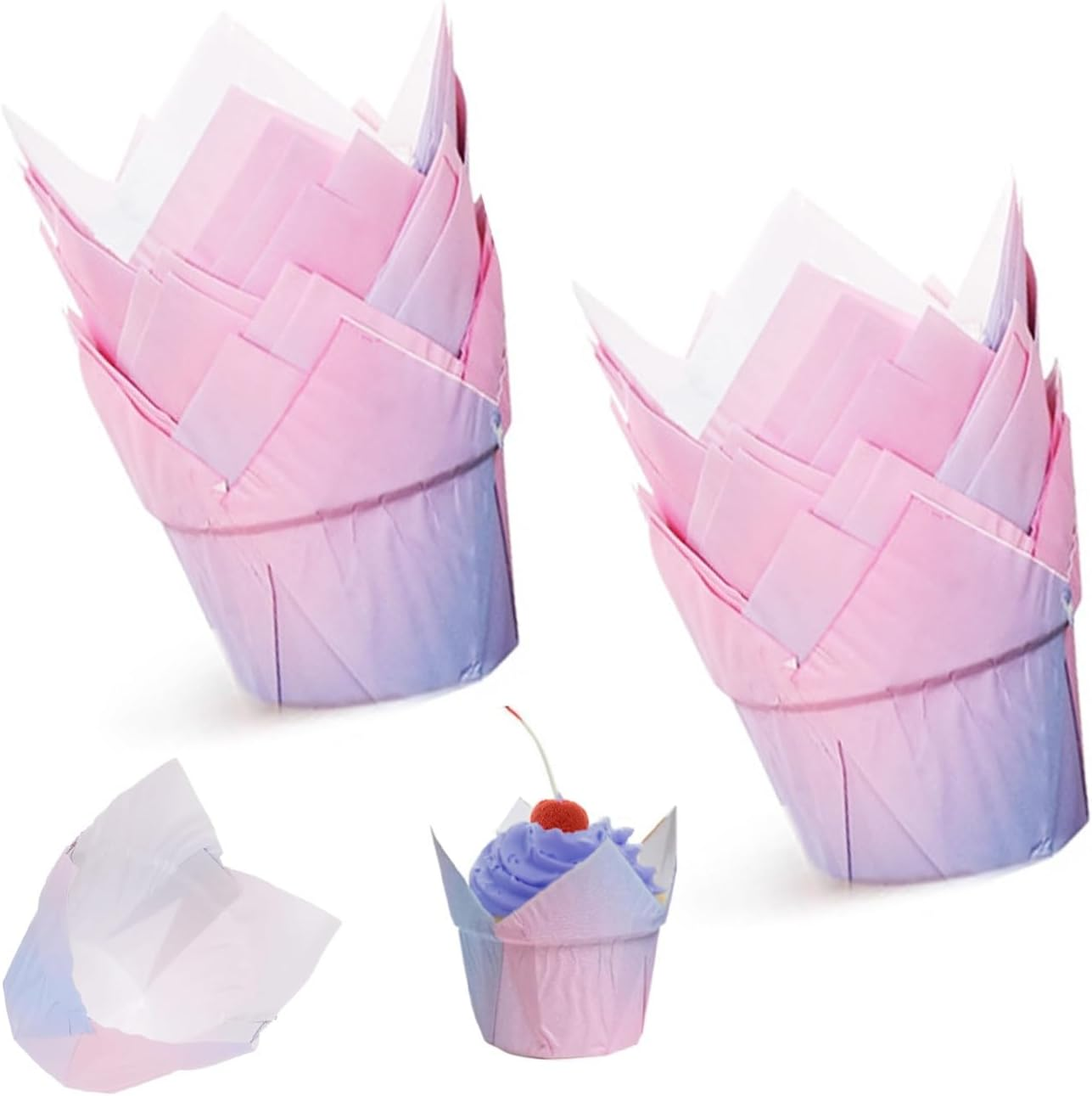100 Pack Tulip Baking Cups for Weddings Birthdays Baby Showers - Decorative Paper Cupcake Liners for Special Occasions - Pastry Wrappers for Muffins and Cupcakes image number 1