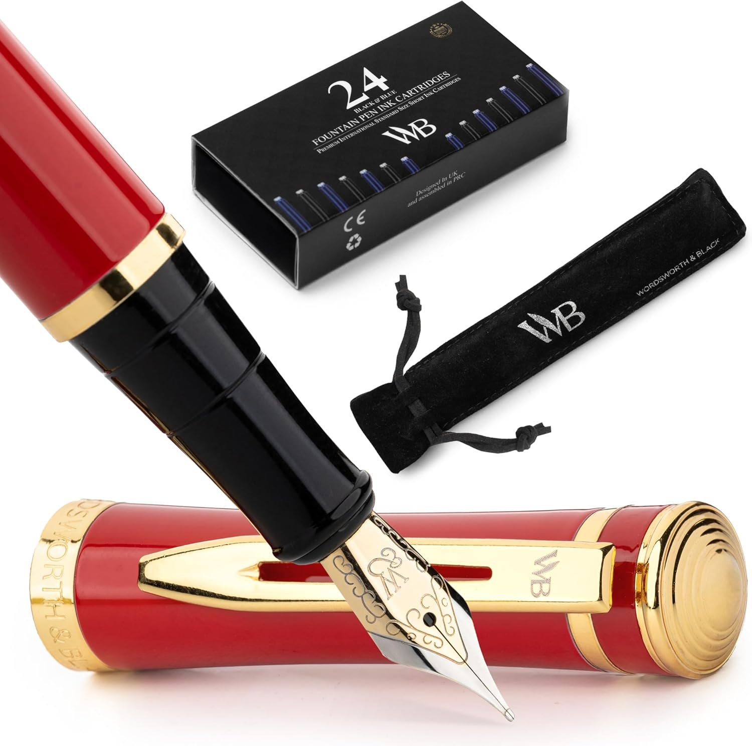 Wordsworth & Black Fountain Pen Set, 18K Gilded Medium Nib, Includes 24 Pack Ink Cartridges, Ink Refill Converter & Gift Pouch, Gold Finish, Calligraphy, [Racing Green Gold], Perfect for Men & Women
