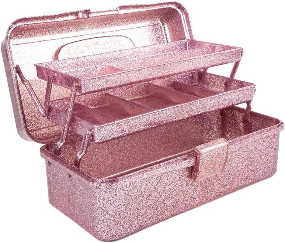 Bjworeye Glitter Pink & Craft Tool Storage Box,3-Layer Stackable Carry Tackle Box Sewing Box Organizer for Art
