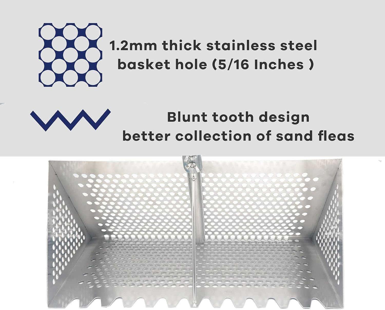 Sand Fleas Rake, Stainless Steel Sand Sifter, Detachable 47 Inches Long Handle, 15.7 Inches Width Basket, Sand Crab Catcher with Sharp Teeth,Collapsible Sand Fleas Catcher for Travelling. image number 6