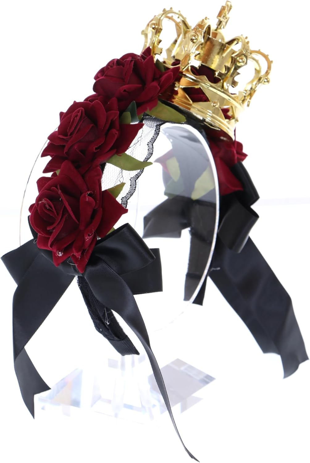 C-104-2 Gold Crown with Roses Red Lace Bow Ruffle Gothic Lolita Headband Party Celebration Hair Accessories Head Accessory image number 2