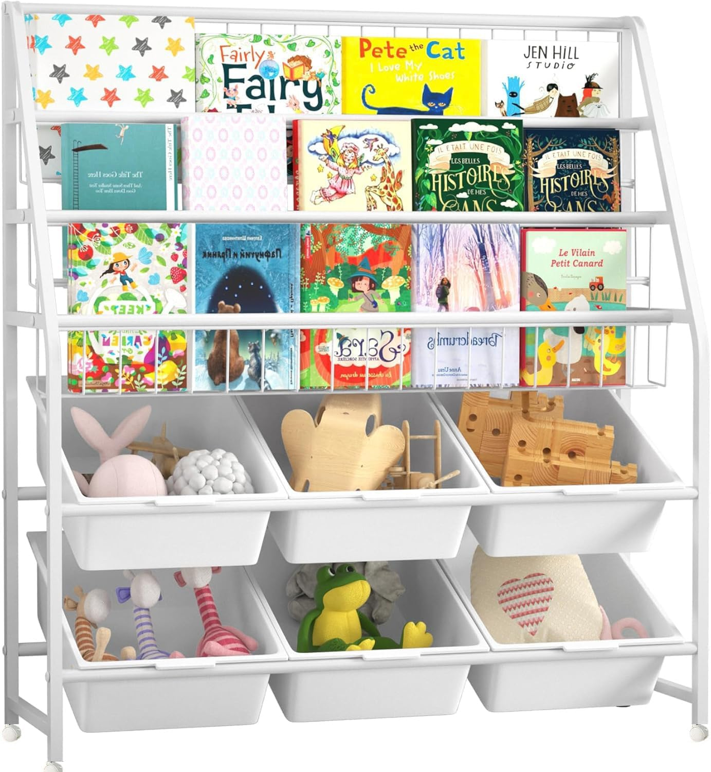 Kids Bookshelf, Metal Bookshelf Freestanding, 3 Tier Bookcase, Book Rack with 6 Storage Organizer, Storage Nursery Book Shelf for Children, Study Room image number 6