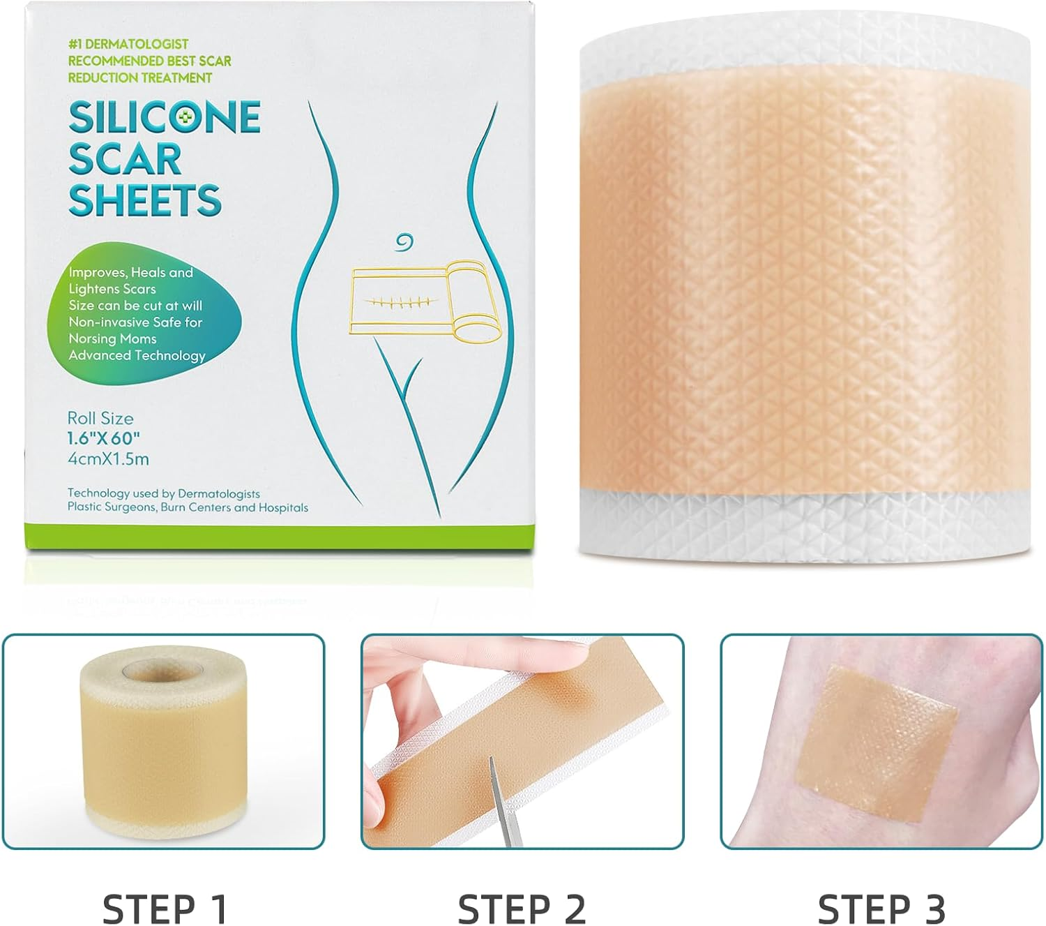 Silicone Scar Sheets(1.6&rdquo; X 60&rdquo;Roll-1.5M), Silicone Scar Tape Roll, Reusable Scar Silicone Strips, Professional Scar Removal Sheets for C-Section, Surgery, Burn, Keloid, Acne