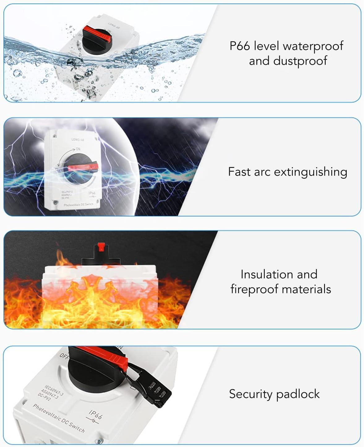 Pyhodi Solar Disconnect Switch, 4P 32 Amp DC1200V Isolator Switch with IP66 Waterproofing Enclosure for Rooftop Systems Rvs and Boats, Solar Wind Power Parts Accessories image number 3