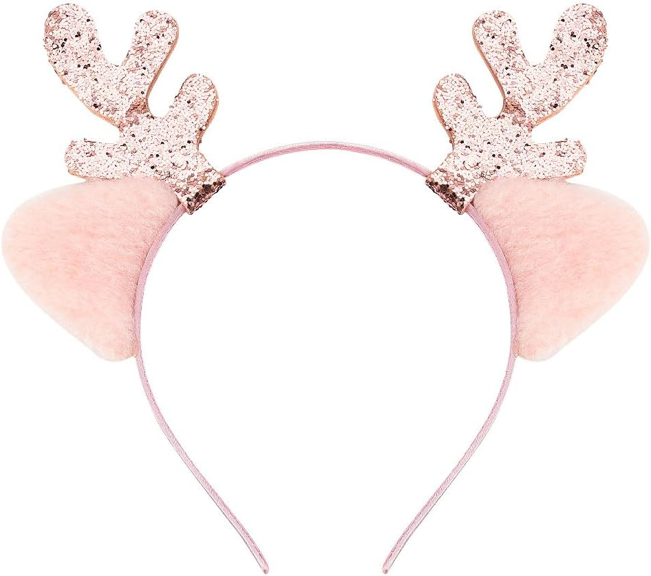 Christmas Elk Headbands for Women Girls Reindeer Antler Ears Headband Headwear Xmas Costumes Pink Hair Accessories for Christmas Headpiece for Kids Cosplay Party Gift