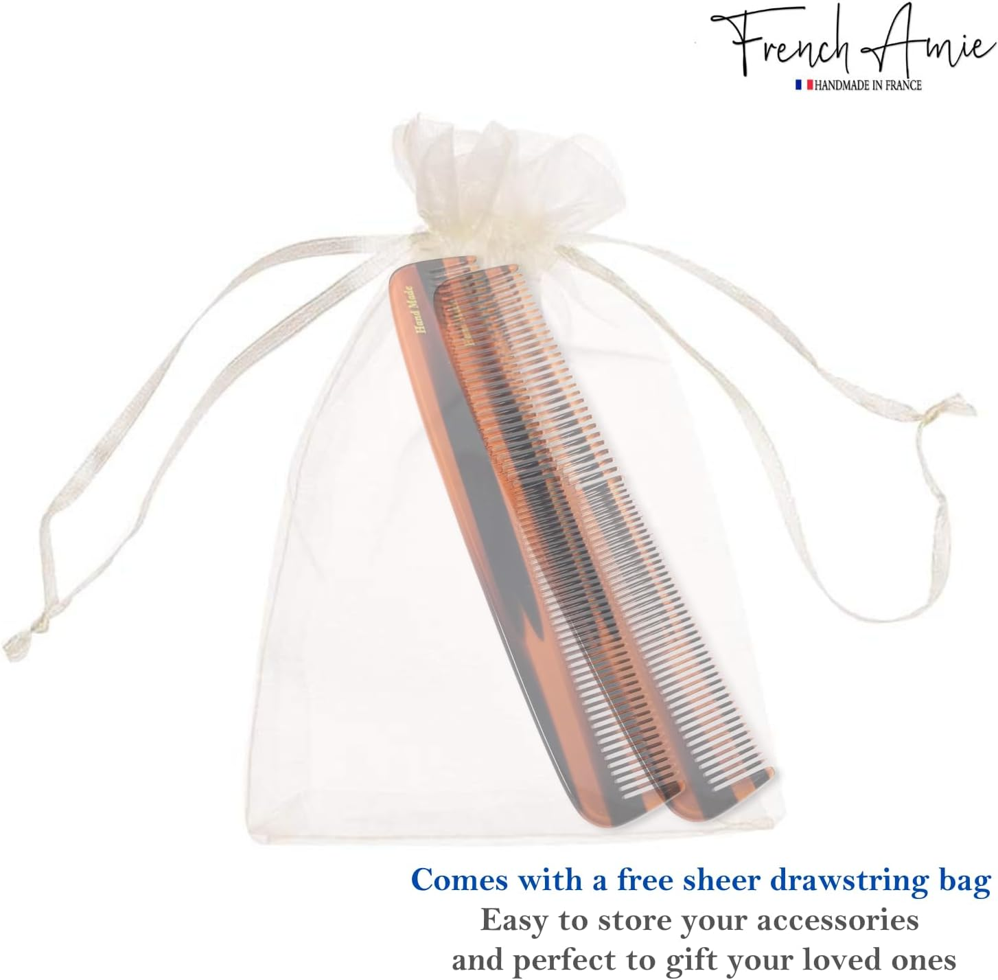 French Amie Sleek Handmade Tortoise Shell 7 Inch Long Celluloid Acetate Hair Dressing Combs 2 Pcs for Girls and Women image number 3