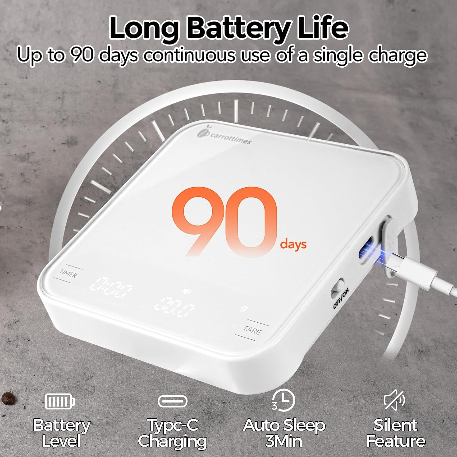 Carrottimes Rechargeable Mini Coffee Scale with Timer, 2Kg/0.1G Precision Espresso Scale, Portable Coffee Weight Scale W/ 4 Modes for Espresso and Pour-Over Coffee (White) image number 2