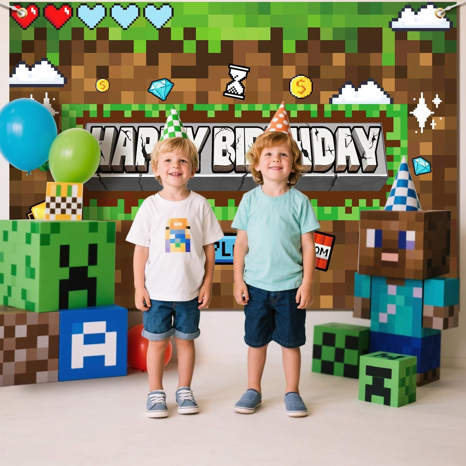 Pixel Birthday Party Decorations Pixel Video Game Banner for Miner Birthday Party Backdrop Photo Background Wall Decor Mining Party Supplies image number 2