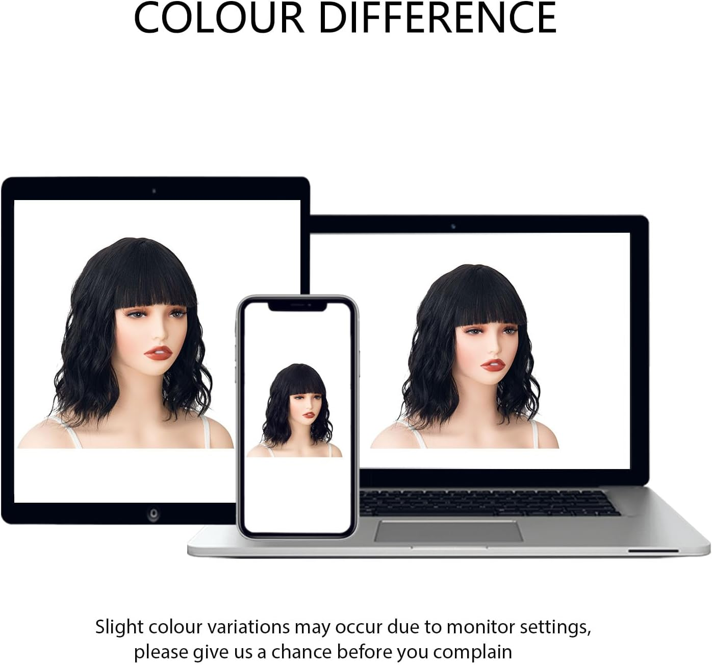 Luxiremi Wigs, Washed Black, 12 Inches, Short, Shoulder Length, Curly, Wavy Bob with Fringe, Synthetic Cosplay Wigs for Women, Carnival