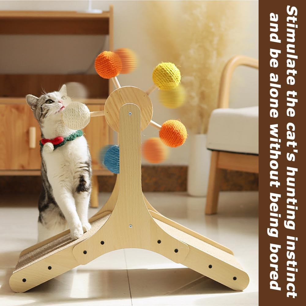 Wood Cat Climbing, Interactive Puss Play Tower, Toy with 360&deg; Rolling Ball & Ramp Scratcher, for Indoor Pussy to Play (56.5 X 26.5 X 57CM) image number 3