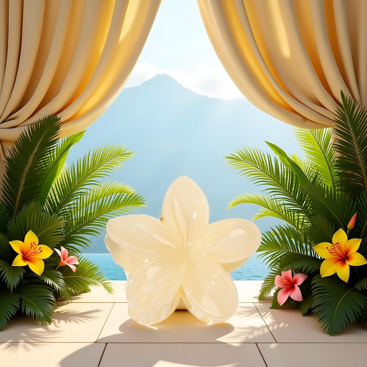 Creamy Yellow Hawaiian Flower Claw, Preppy Flower, Plumeria Clip, Hibiscus Claw for Women, Large Claws for Thick Hair, Hairs Accessories image number 5