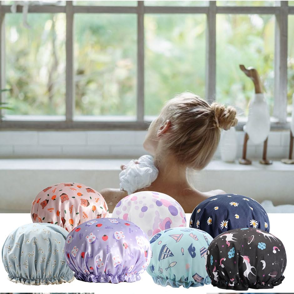 1 Pack Shower Cap, Reusable Bath Shower Caps for Women Long Hair, Double Layer Waterproof Bathing Shower Hat Hair Protector for Kids Girls Men (Black)