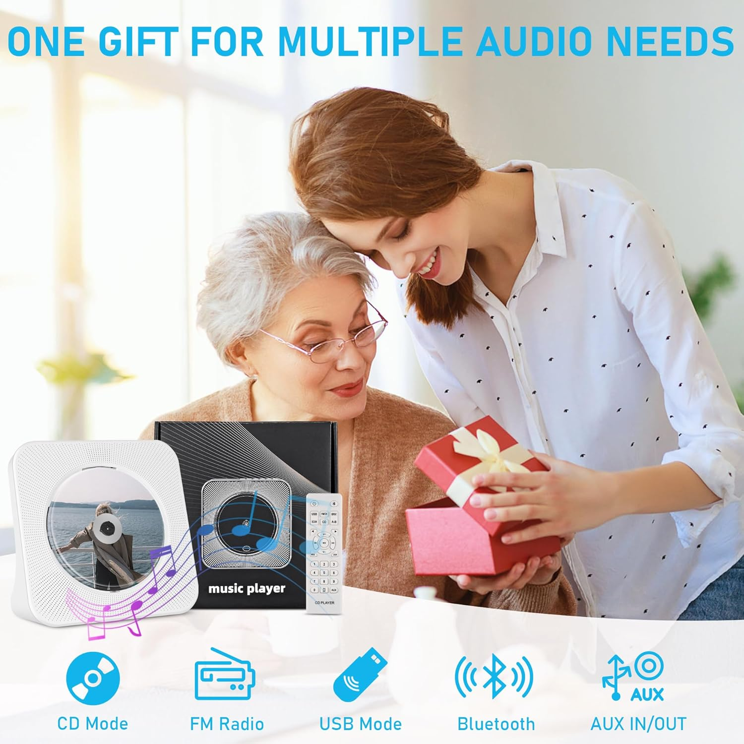 Portable CD Player with 4000Mah Battery Rechargeable, Support Bluetooth, FM Radio, USB Port, AUX In/Output, Timer, Remote, Hifi CD Music Player with Speakers for Home SHIWAKOTO image number 2