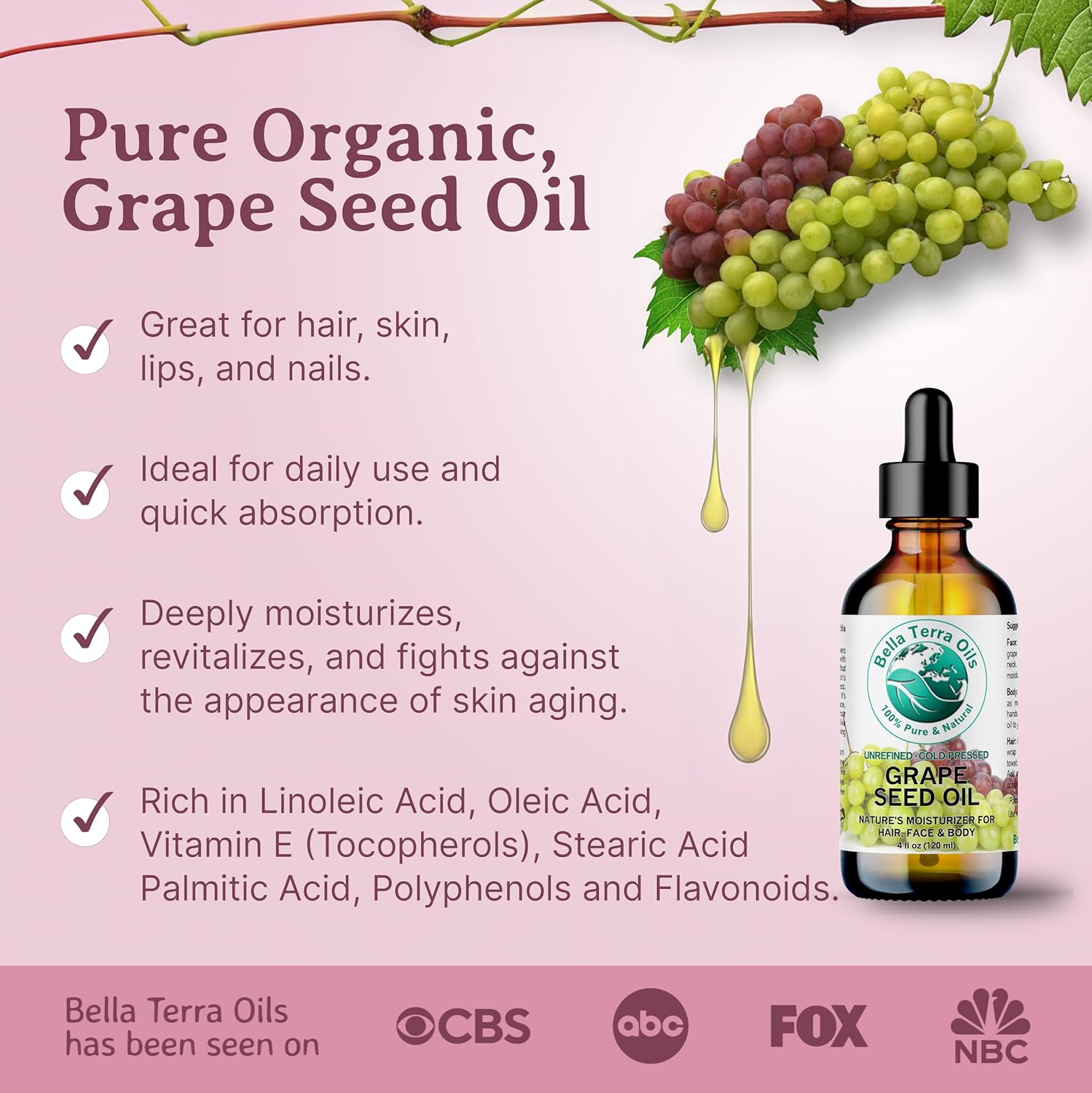 Grape Seed Oil 4 Oz 100% Pure Cold-Pressed Unrefined Organic Hexane-Free Natural Moisturizer for Skin Hair. Non-Comedogenic. Great for Sensitive, Acne-Prone Skin. Fast-Absorbing. Bella Terra Oils