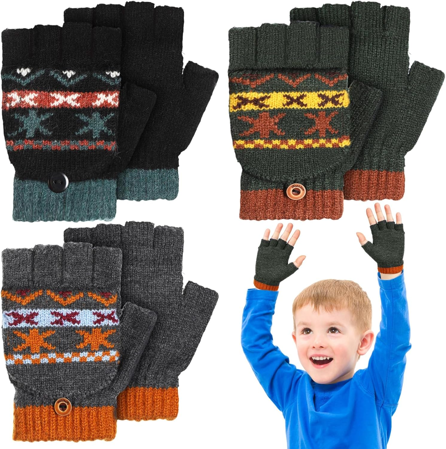 Handepo Kid Winter Gloves 3 Pair Convertible Warm Infant Gloves Flip Top Toddler Baby Clothes for Kids 2-6 Years