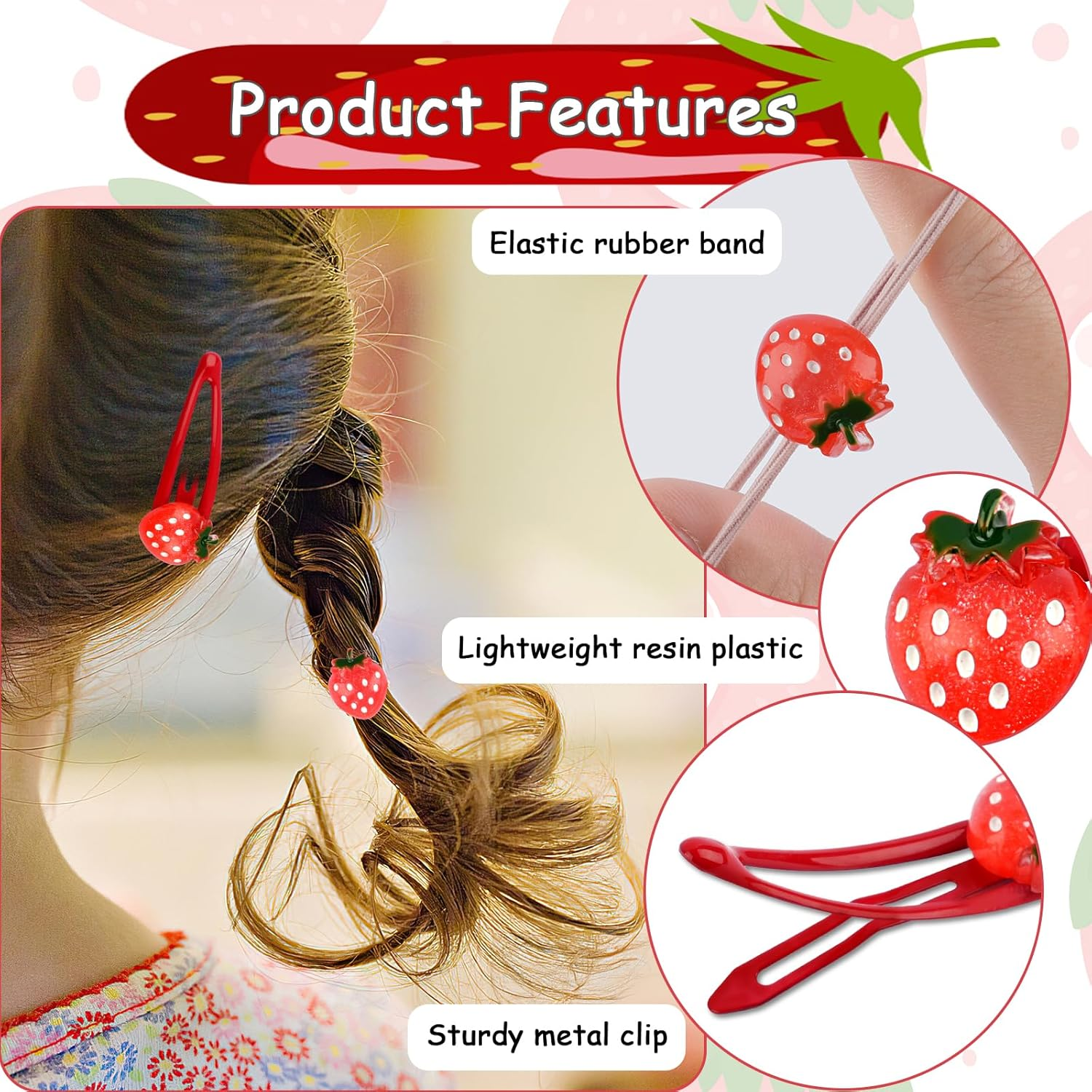 Strawberry Hair Clips and Strawberry Headband Set, Hairpin Strawberry, Snap Hair Clip, Cartoon Hair Clips, Strawberry Headband for Children Girls, Strawberry Hair Accessories, for Headwear Styling image number 5