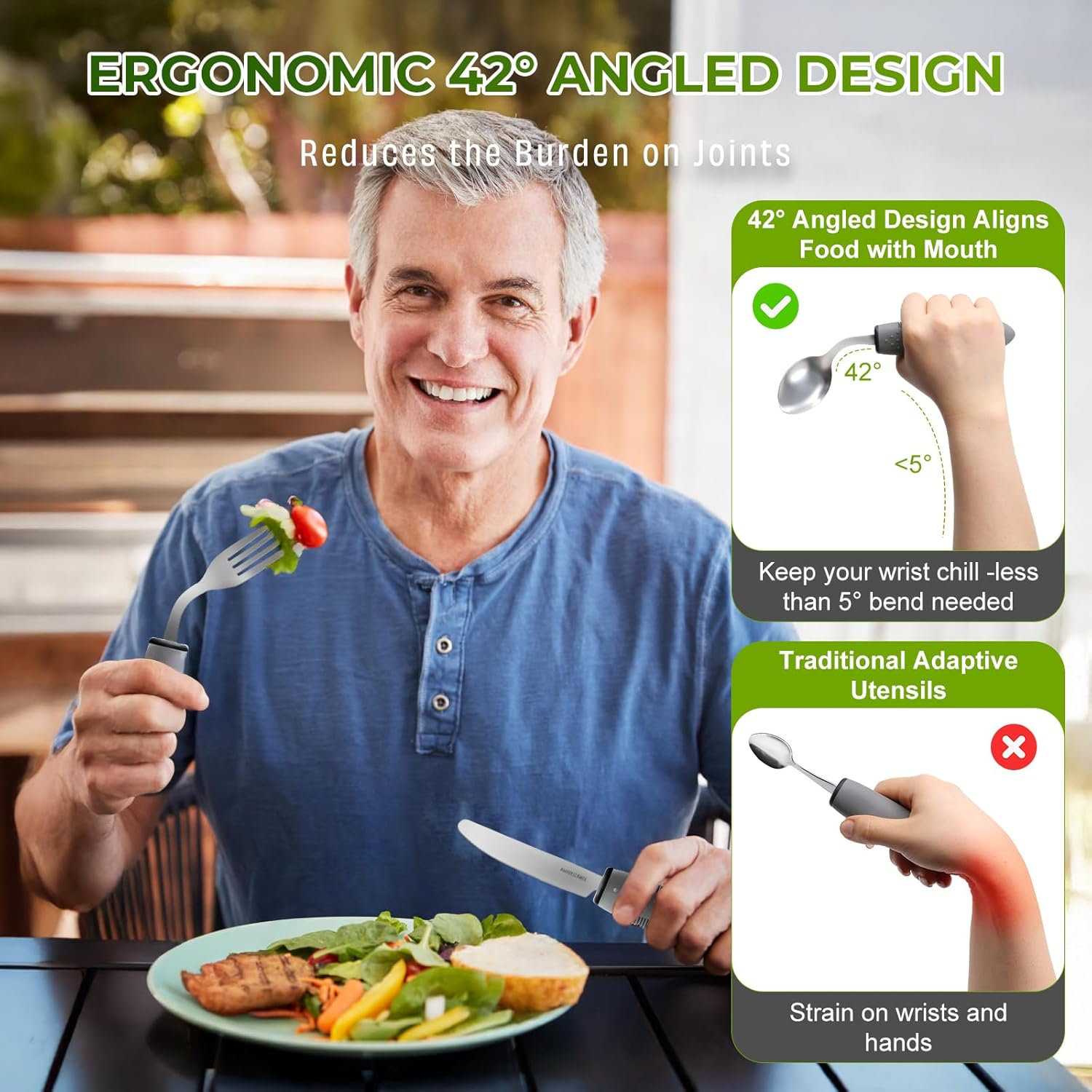 4-Piece Adaptive Utensils Set for Parkinson&rsquo;S & Hand Tremors &ndash; 42&deg; Angled, 2.5 Oz Weighted Silverware &ndash; Easy-Grip Utensils for Seniors & Arthritis (Fork, Knife, Spoon) image number 6