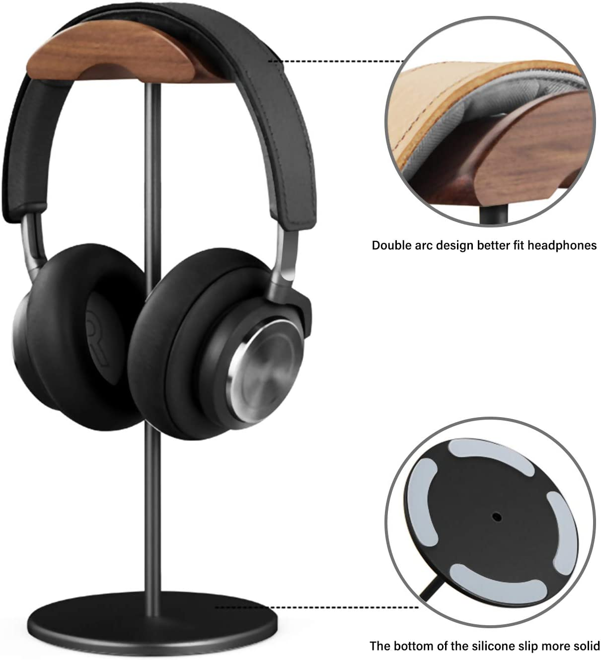 Qincoon Headphone Stand, Walnut Wood & Aluminum Headset Stand, Nature Walnut Gaming Headset Holder with Solid Heavy Base for All Headphone Sizes (Black) image number 6