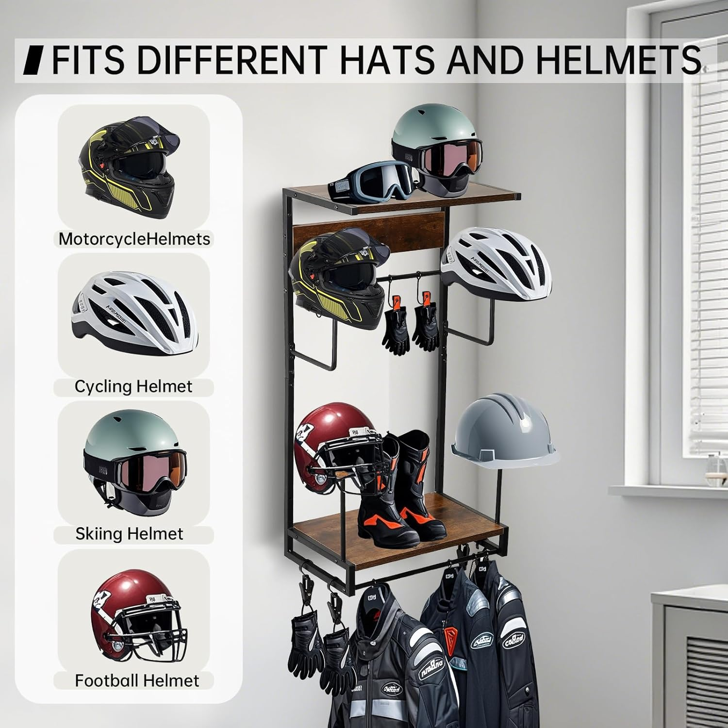 Motorcycle Helmet Holder Wall Mounted, Helmet Holder Wall Mount with Helmet Rack, 4 Glove Chips and 10 Hooks, Rustic Helmet Holder and Motorcycle Helmet Rack for Most of Helmet and Clothes image number 6