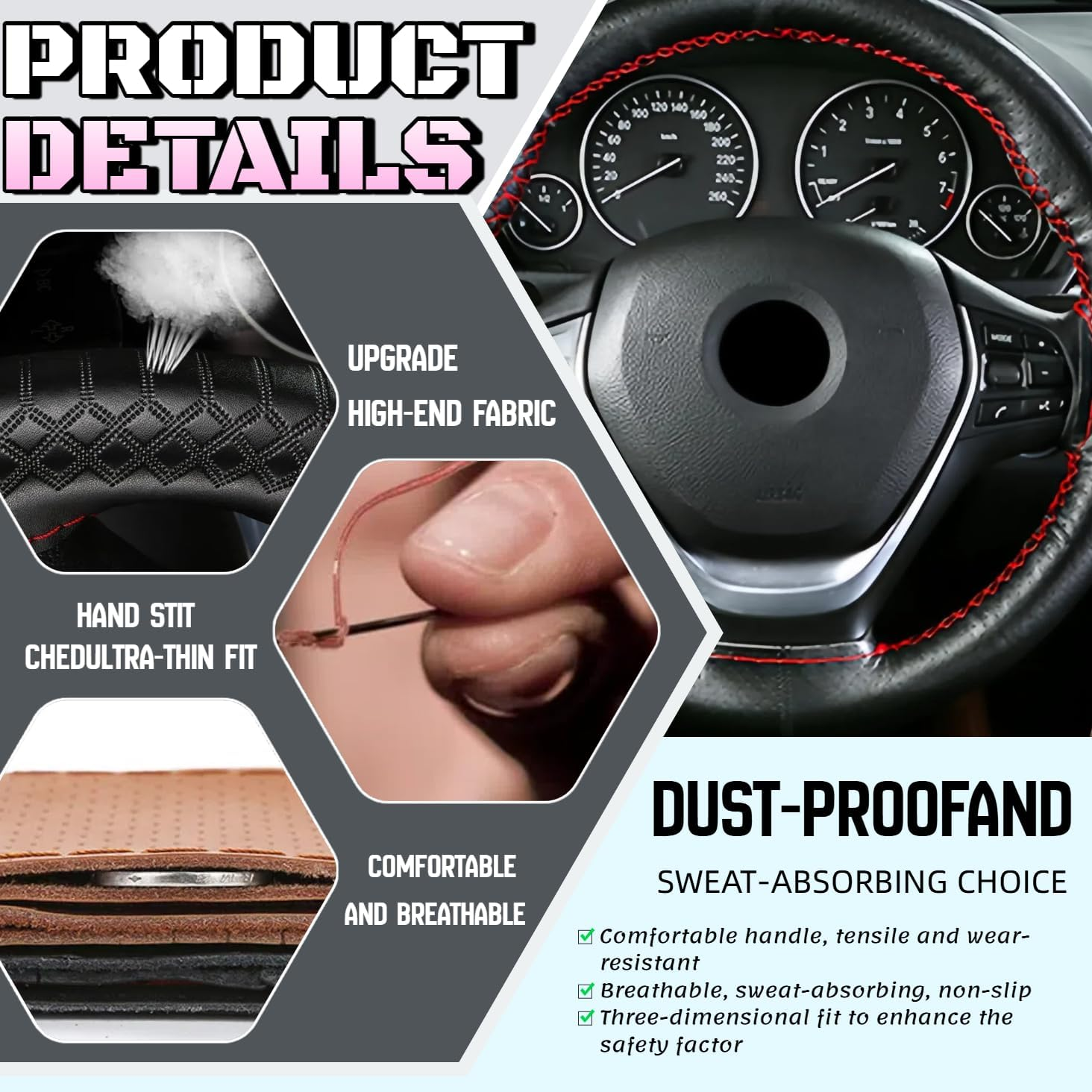 Universal Leather Steering Wheel Cover, Non-Slip Stitch on Wrap, DIY Car Wheel Cover Protector with Needle and Thread for Most Cars Suvs and Trucks