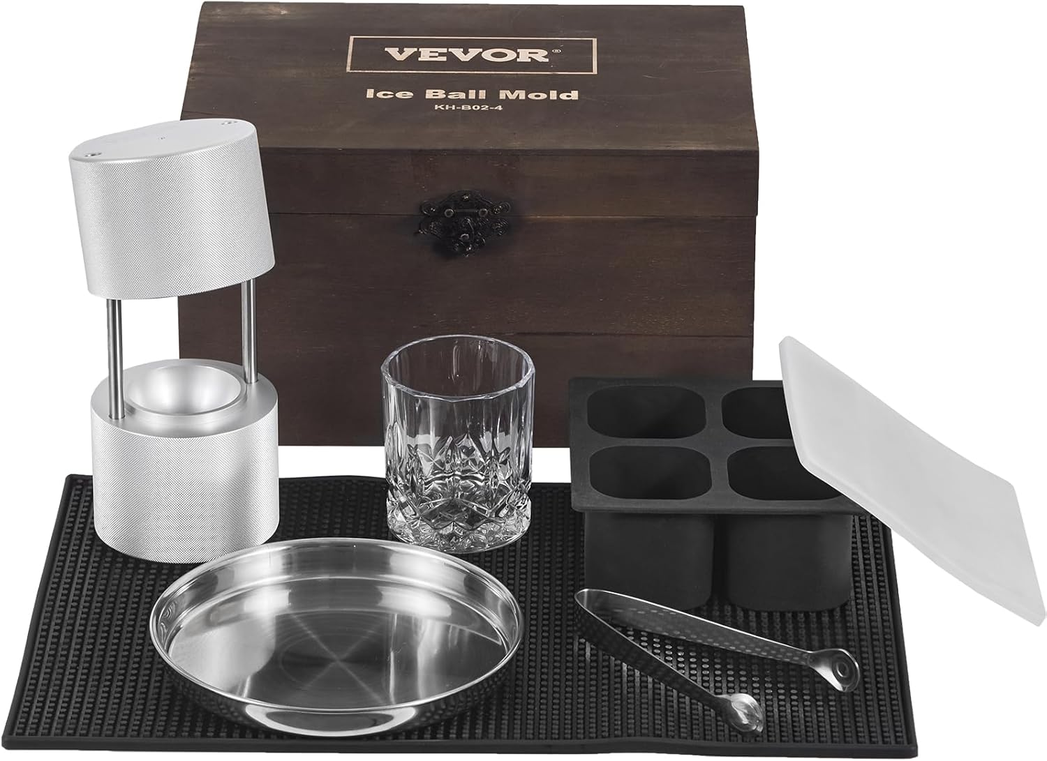 VEVOR Ice Ball Press, 6Cm Ice Ball Maker, Aircraft Al Alloy Ice Ball Press Kit for 60Mm Ice Sphere, Ice Press with Tong and Drip Tray, for Whiskey, Cocktail, Bourbon, Scot on Party & Holiday, Black