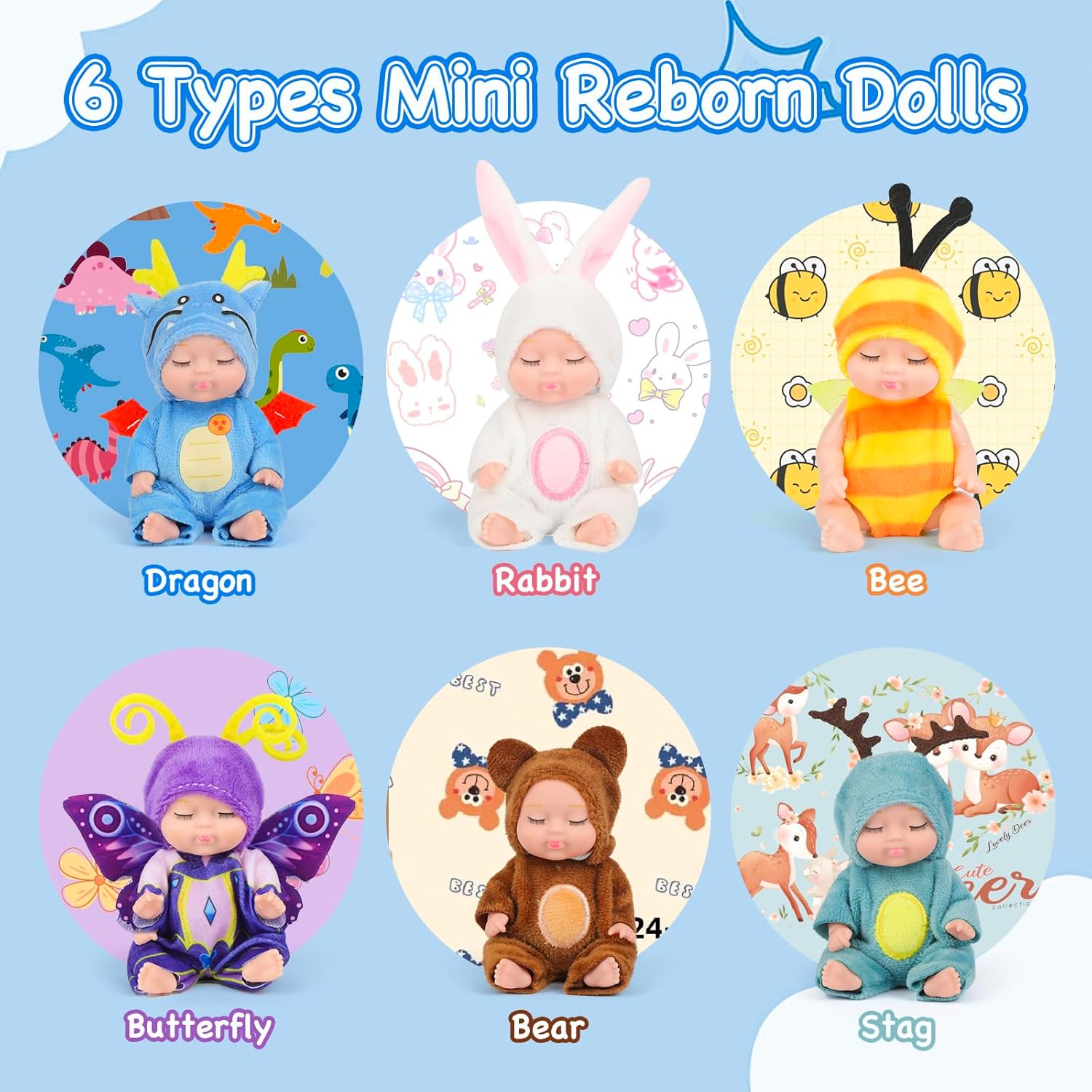 6PCS 4.7Inch Mini Reborn Baby Dolls with Cute Animal Clothes for Kids 3+ Tiny Silicone Sleeping Baby Doll Toy Action Figures Set for Girls Boys Birthday Christmas image number 4