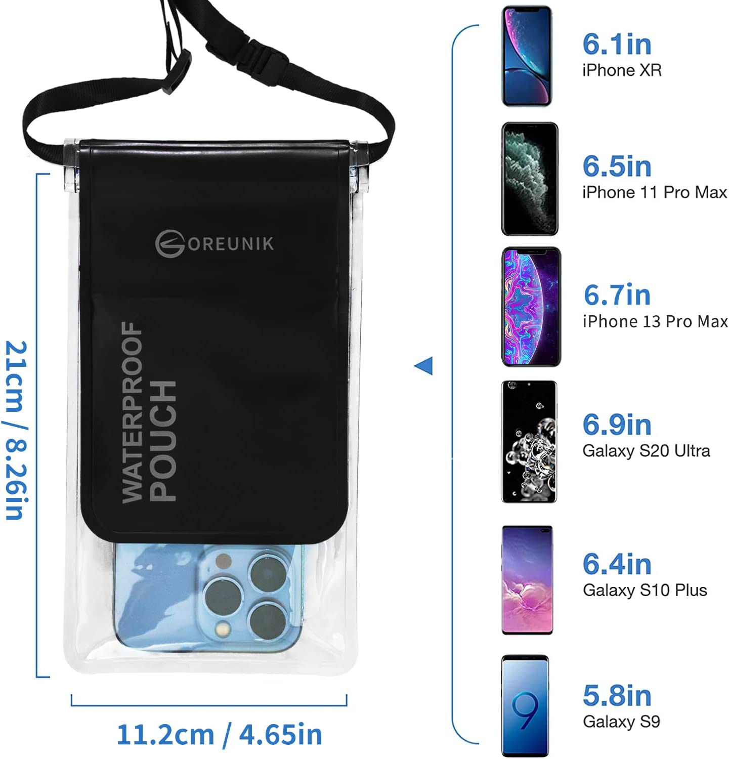 Oreunik Waterproof Phone Pouch [2-Pack], Waterproof Case Dry Bag for Iphone 14/13/12 Pro MAX Samsung Galaxy S22/S20 Ultra S11/S10 up to 8 Inches, Screen Touch Sensitivity, 2 Layer Design Pocket, Black image number 4