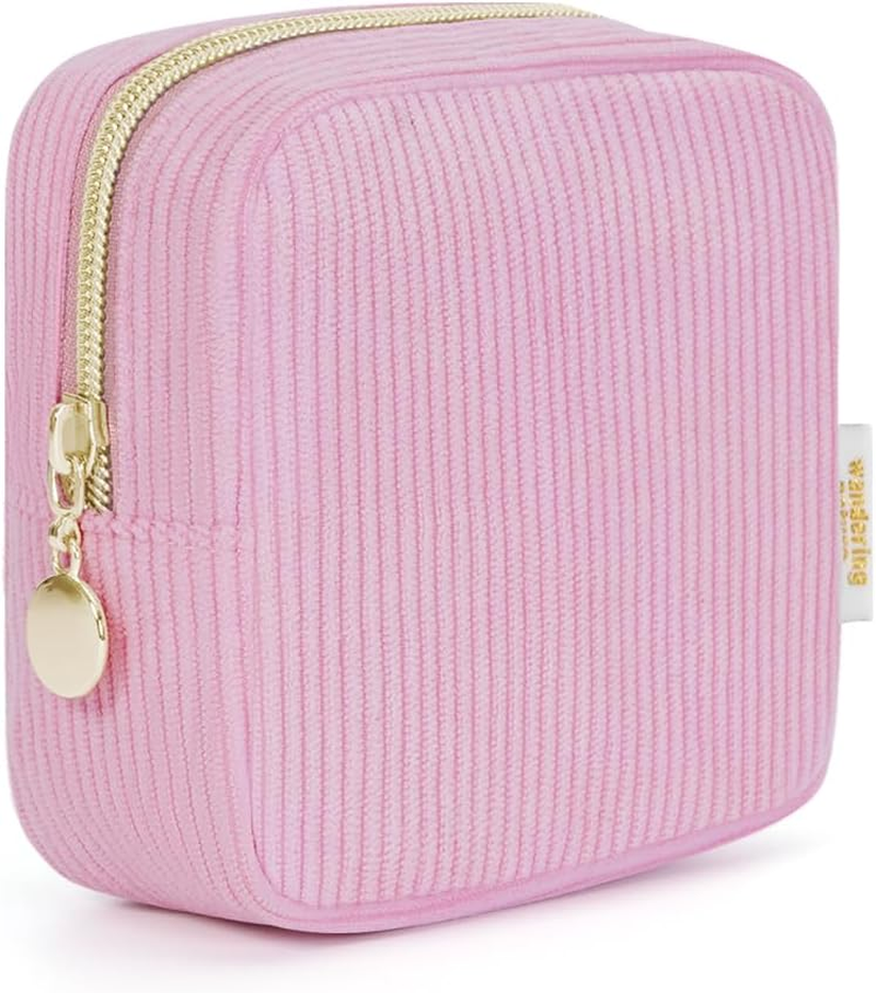 Wandering Nature Small Makeup Bag for Purse Zipper Cosmetic Bag for Women Pouch Travel Eco Vegan Leather Make up Organizer for Toiletry Bag Water Resistant Gift Idea, Black, Corduroy Pink, Mini, - Beige image number 3