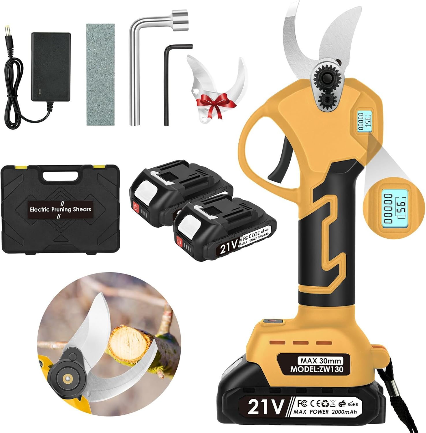 Electric Pruning Shears Cordless: Professional Gardening Scissors Heavy Duty with 2 X 2.0Ah Rechargeable Battery, LCD Display, 1.2 Inch (30Mm) Cutting Diameter - Tree Pruner for Garden Branches