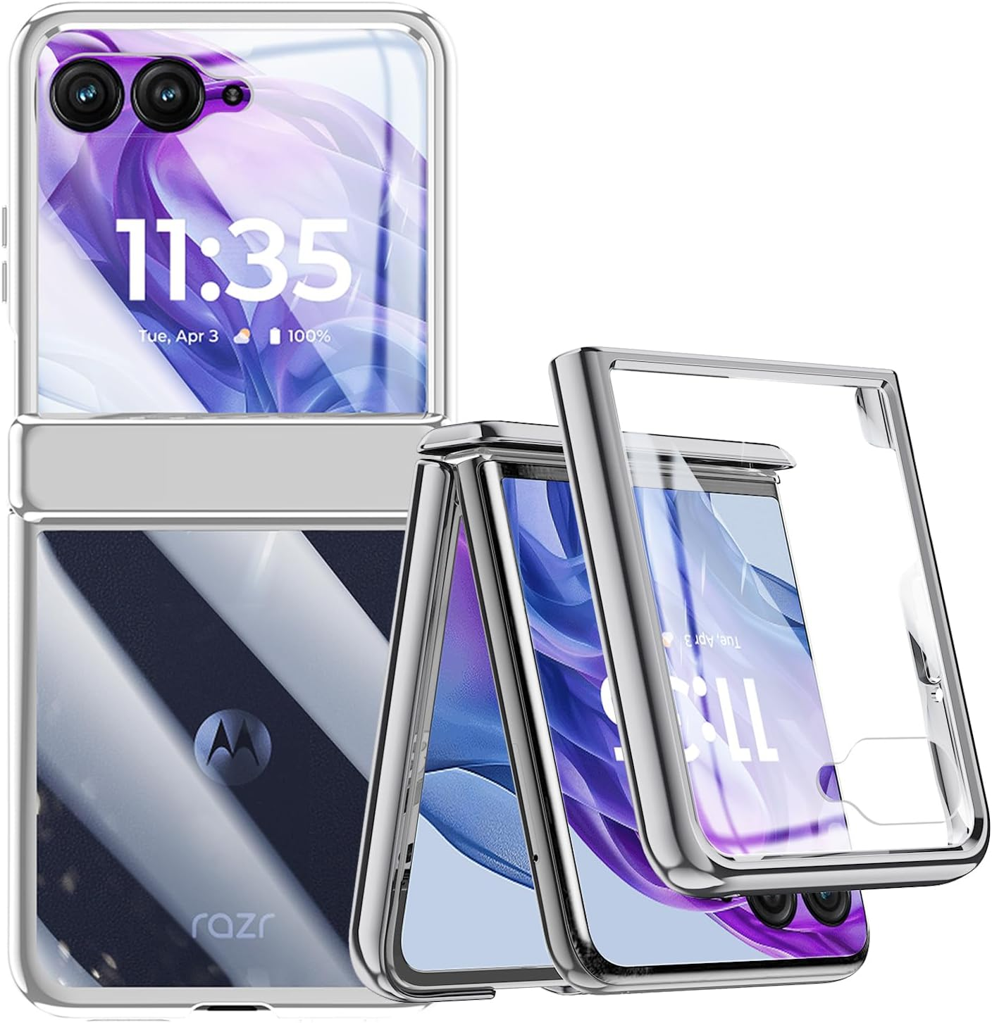 Transparent Case for Motorola Razr 50 Ultra with Built-In Screen Protector and Hinge Protection, Luxury Clear Hard PC Coating Shockproof Case for Motorola Razr+ 2024 (Silver) - Green image number 2