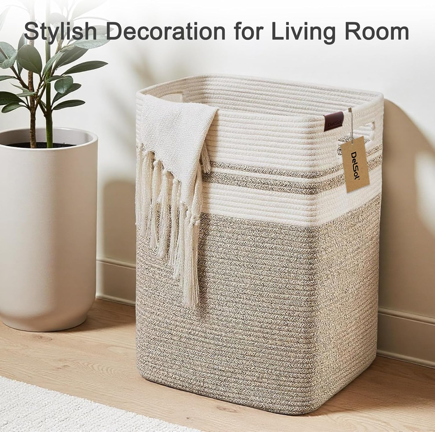 Delsol Large Laundry Basket 41X33X56Cm Tall Blanket Sorage Basket with Handles, Wicker Cotton Rope Woven Basket for Living Room Laundry Baby Nursery Pillows Clothes Towel Toy Organizer Home Decor