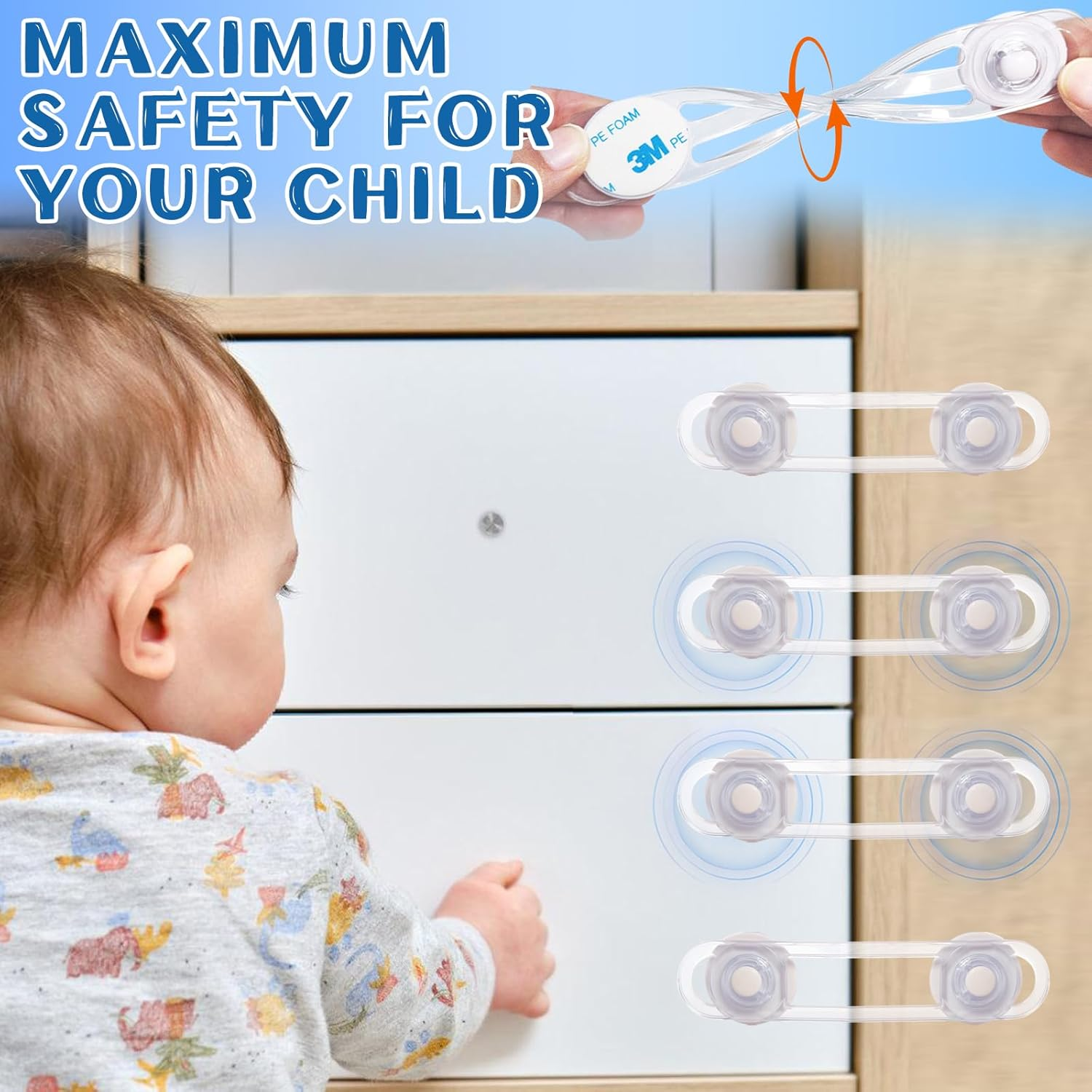 Child Safety Door Lock (14+6 Pack), Baby Proof Cabinet Latches Locks with 3M Self-Adhesive, with 6 Electric Outlet Pulg Covers, No Drilling, Kids Safety Cabinet Locks Straps Drawer Locks image number 4