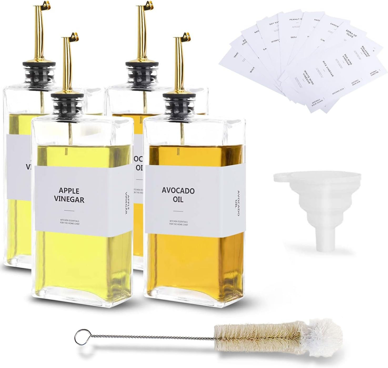 4 Pcs Olive Oil Dispenser, 500Ml/16.9 Oz Oil Bottle, Sauce Bottle, Coffee Syrup Dispenser, Includes 1 Silicone Funnel, 36 Labels, 1 Cleaning Brush (Gold) image number 5