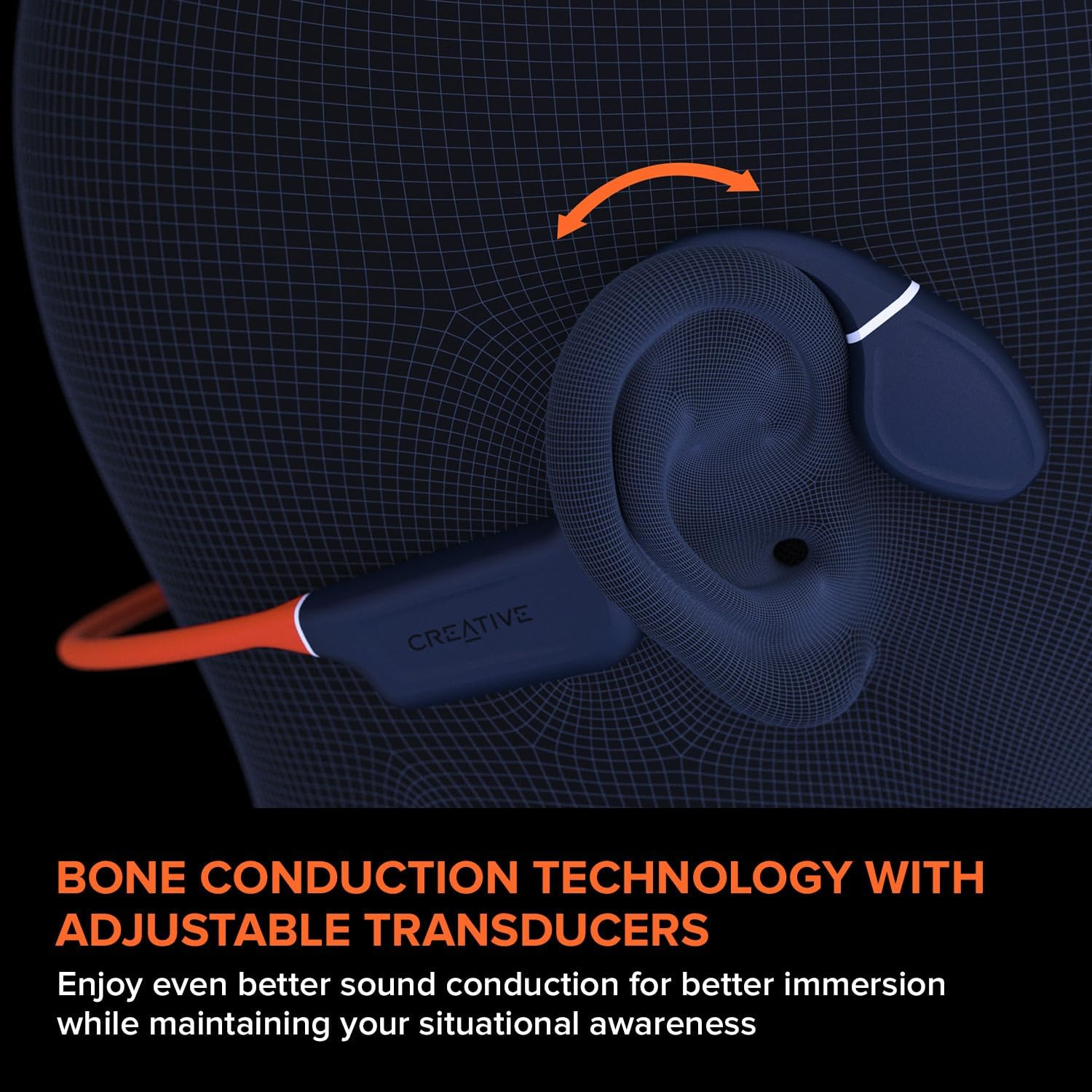 Creative Outlier Free Pro+ Wireless Waterproof Bone Conduction Headphones with Adjustable Transducers, Built-In 8 GB MP3, Multipoint Connectivity, up to 10 Hours of Battery Life, Mic (Blue & Orange) image number 6