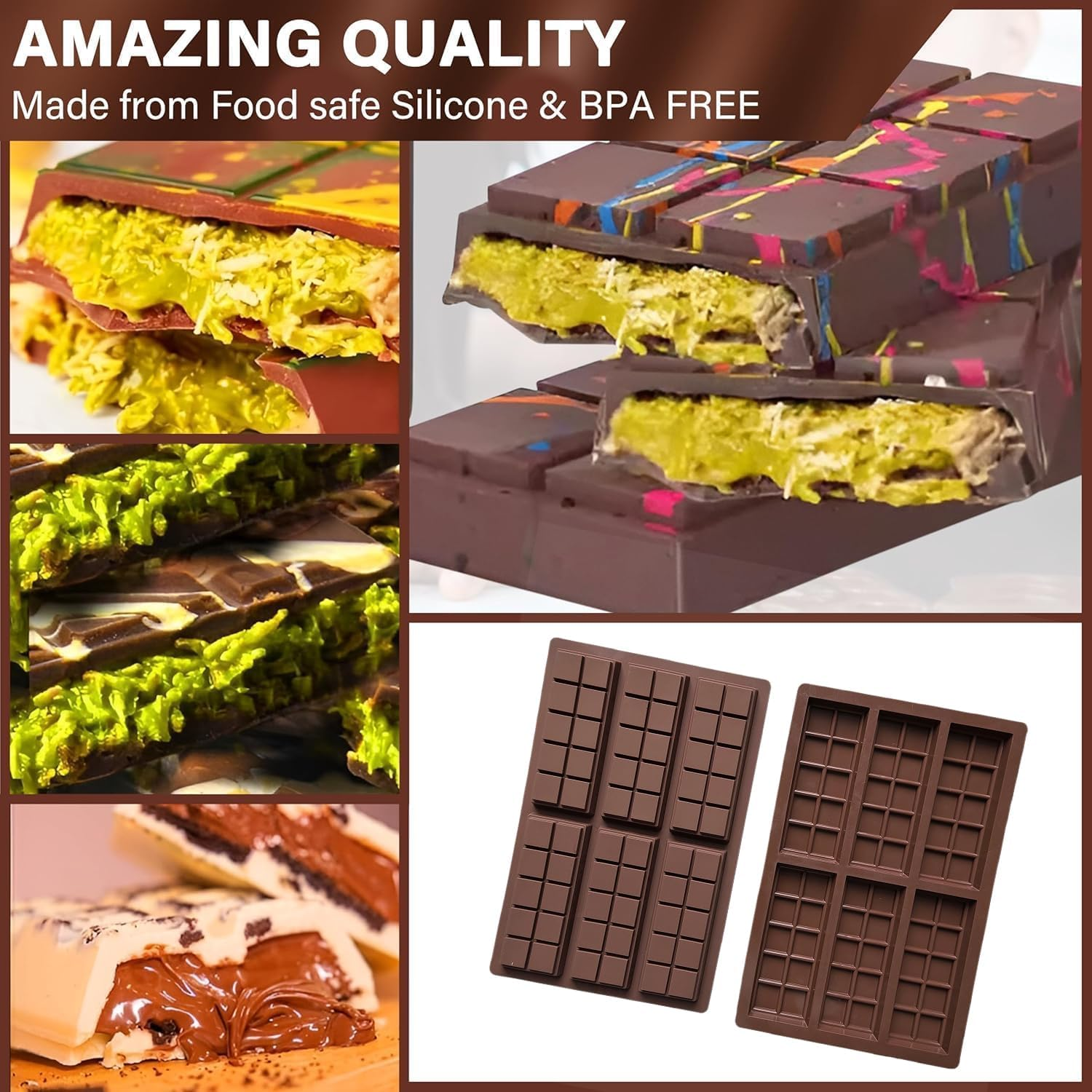Xinghonyac 2 Pcs Chocolate Bar Mold, Non-Stick Chocolate Molds, Food Grade Silicone Deep Chocolate Bar Mold for Dubai Chocolate Bar Pistachio, Candy, Chocolate Snacks, Milk Chocolate Bar, Jelly image number 2