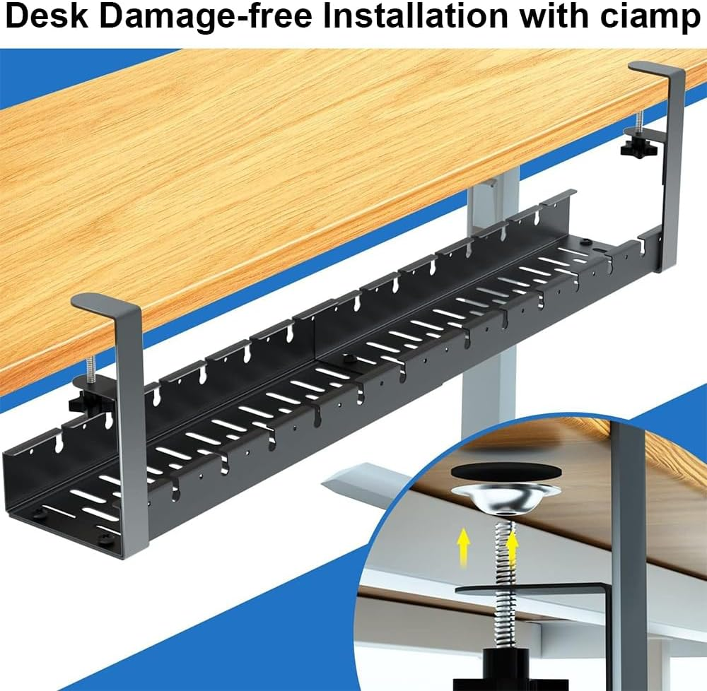 MTSDM Extendable under Desk Cable Management Tray with No Drill Clamp, 12-21.6 Inch Metal Cable Management Tray, Power Strip Cord Holder for Home Office Vertical Desk Wire Management